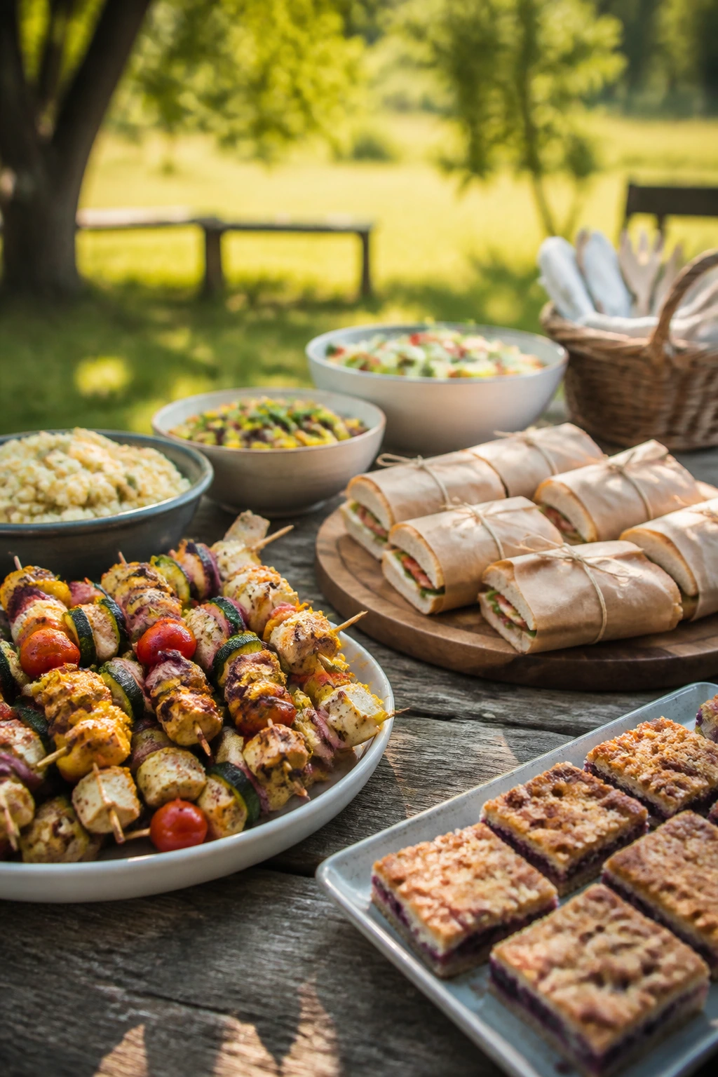 Picnic table with neatly arranged skewers and sandwiches