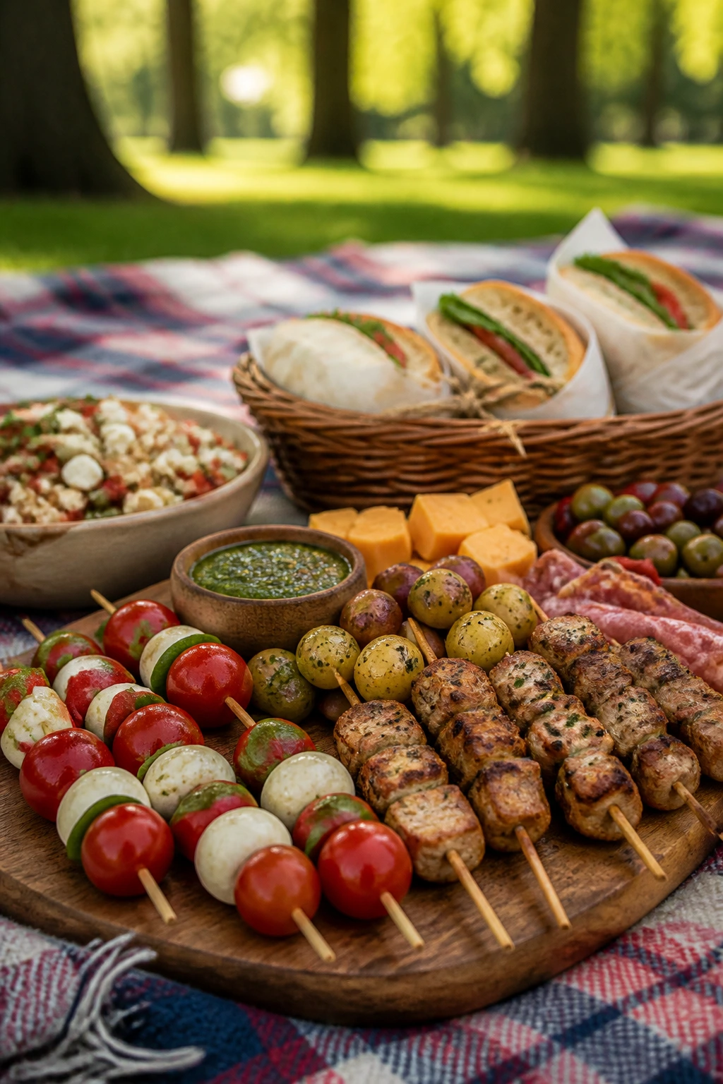Serving board with skewers and bite-sized items on a plaid picnic blanket outdoors.
