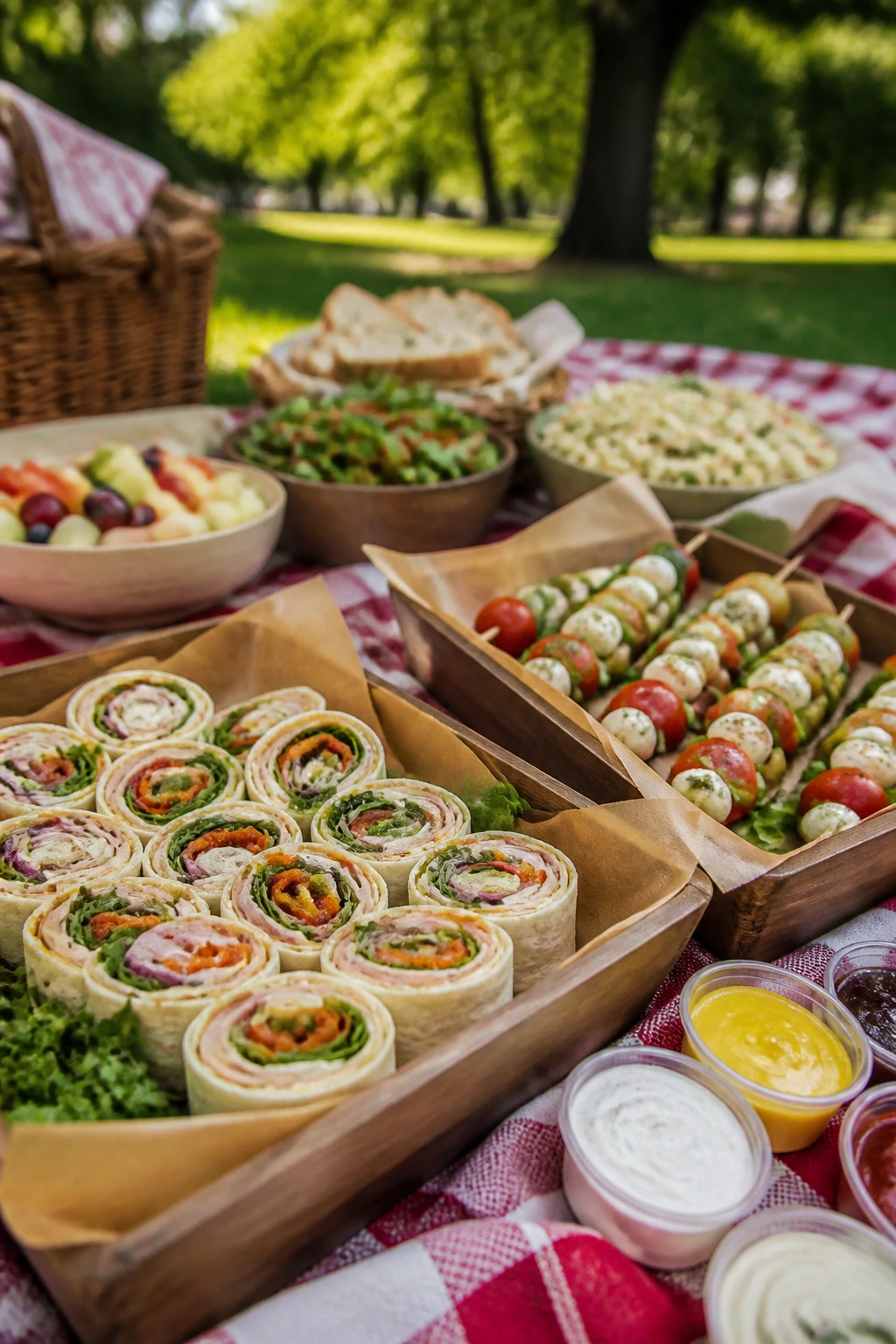 Serving picnic foods on a checkered blanket with trays and bowls in a park