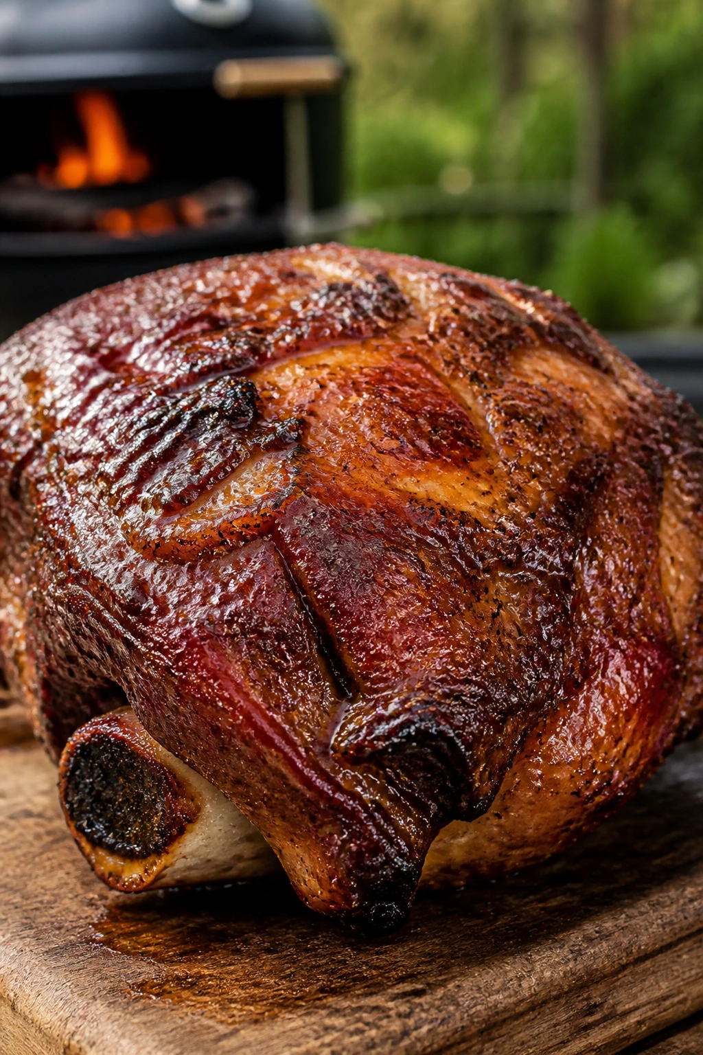 Close-up of bone-in picnic shoulder marinated for backyard barbecue