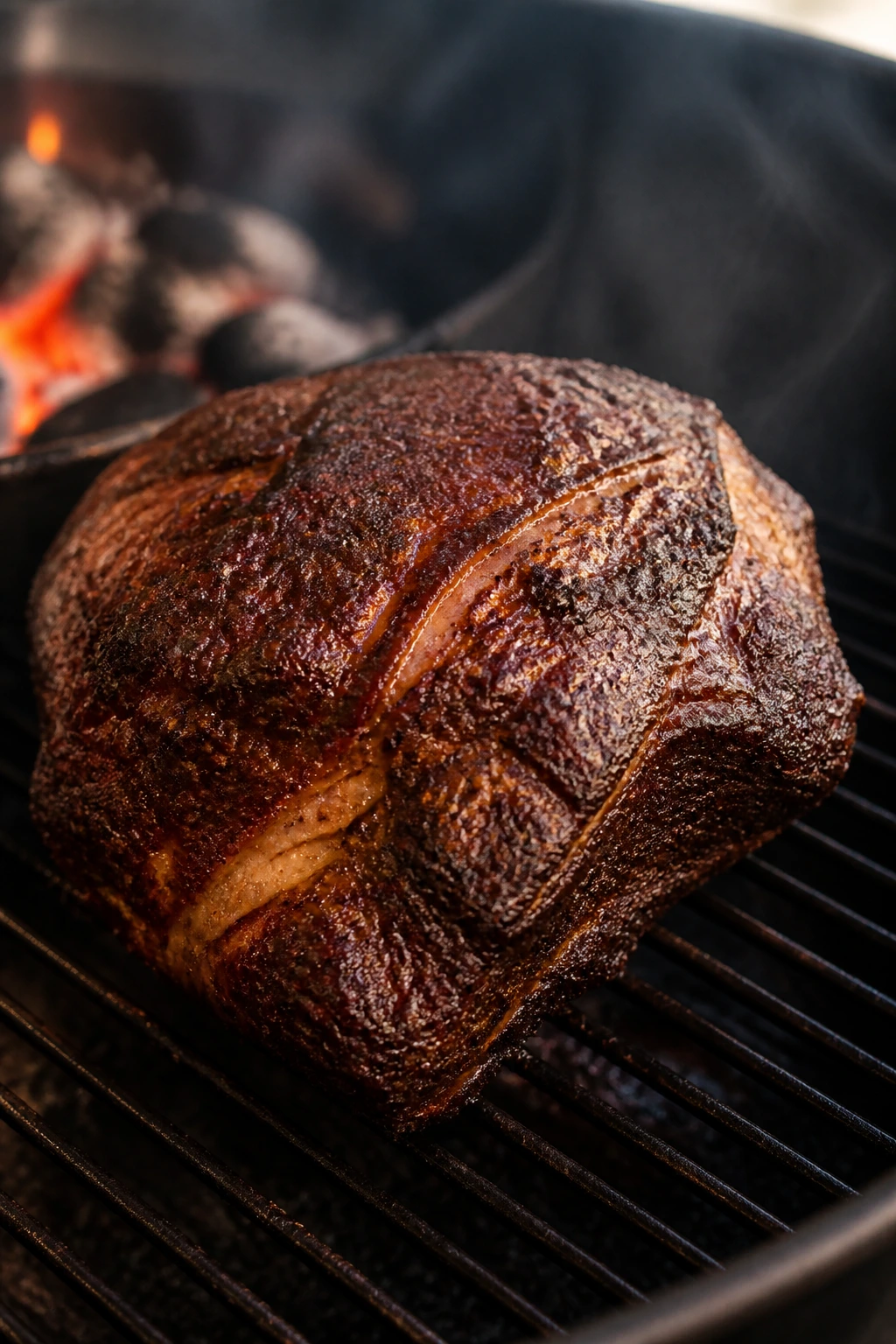 Pork picnic shoulder on a grill with indirect heat and smoke