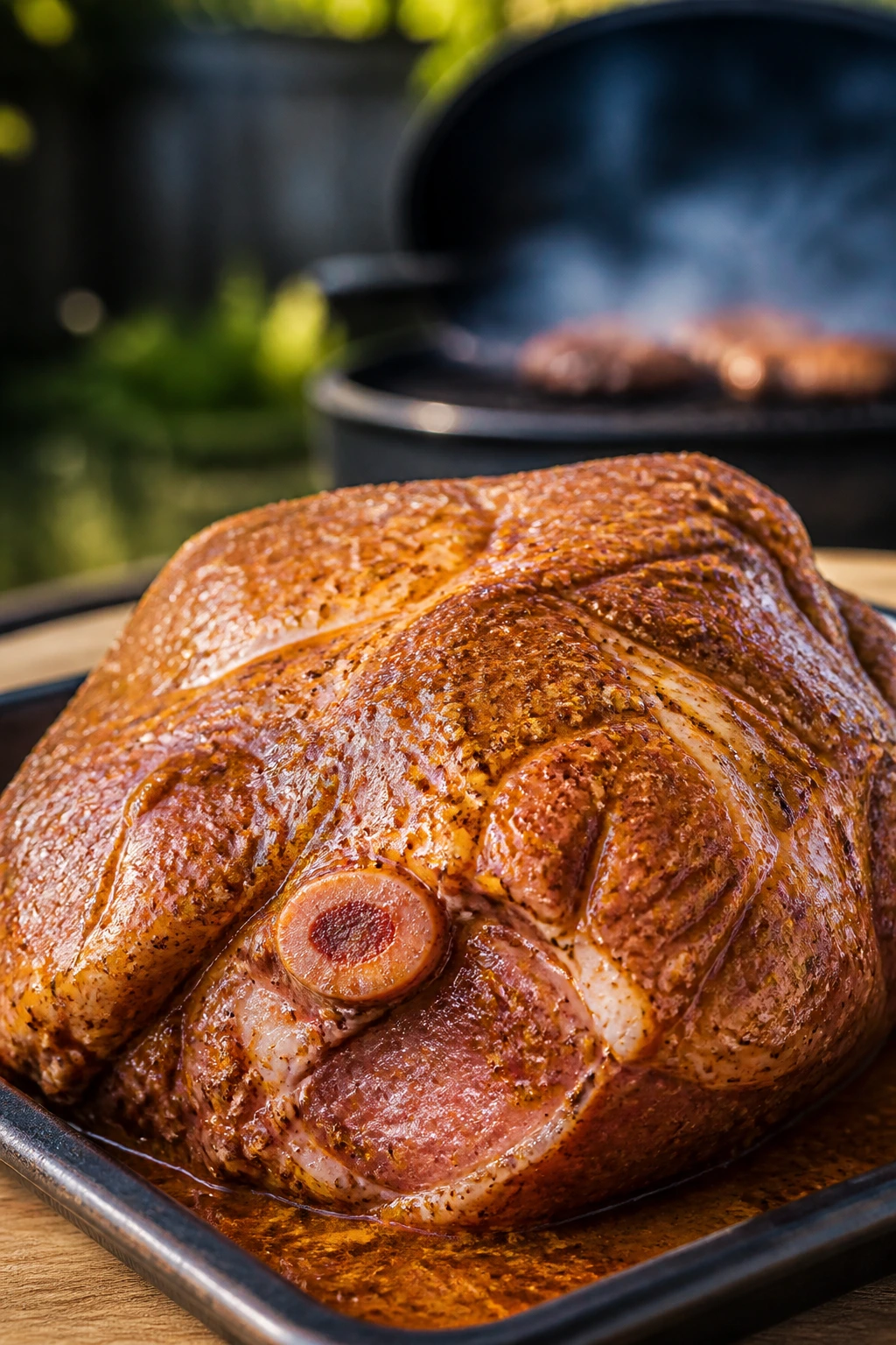 Close-up of marinated bone-in picnic shoulder for backyard cookouts