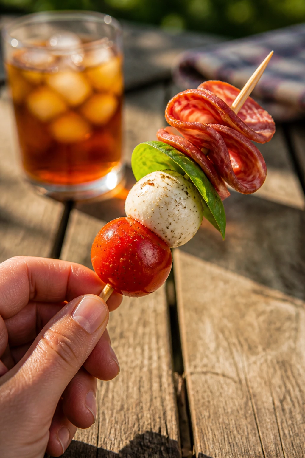 Close-up of a single picnic skewer held outdoors beside a cold iced tea.