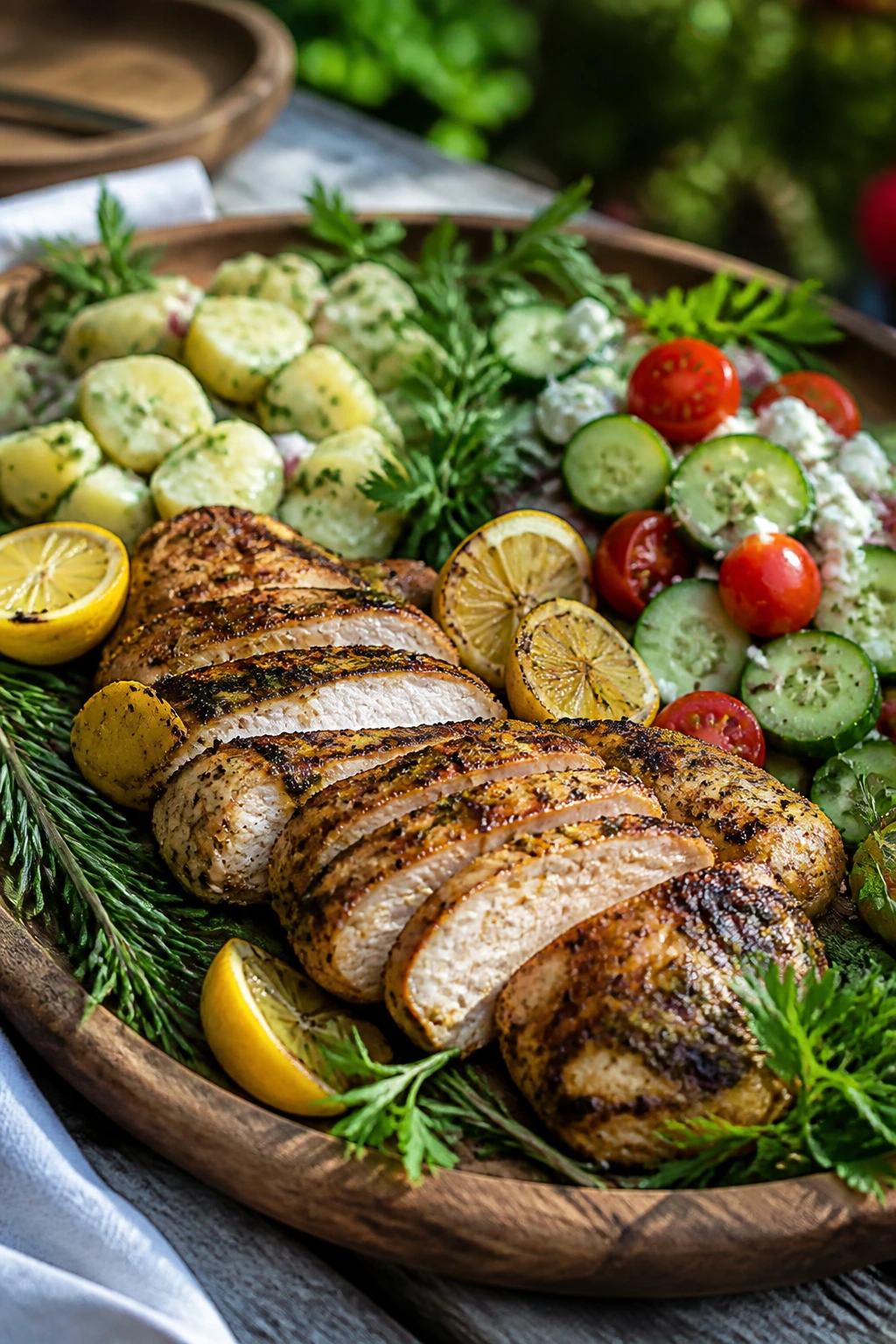Wooden platter with sliced grilled chicken and lemon wedges outdoors
