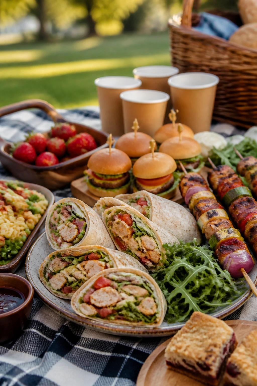 Close-up of a well-organized outdoor picnic spread with wraps, sliders, skewers, cups, and bars on a blanket