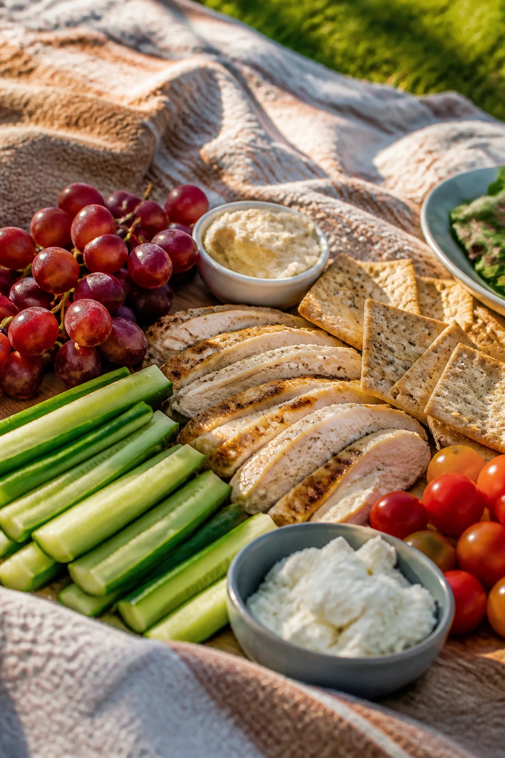 Close-up of a generous colorful picnic spread on a blanket outdoors with grapes, cucumber, protein, and crackers