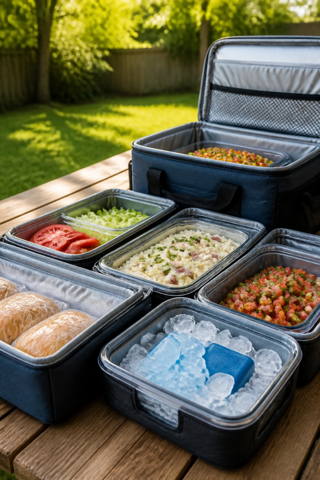 Close-up of a neatly organized picnic system with containers and ice packs on a wooden table in a sunny backyard