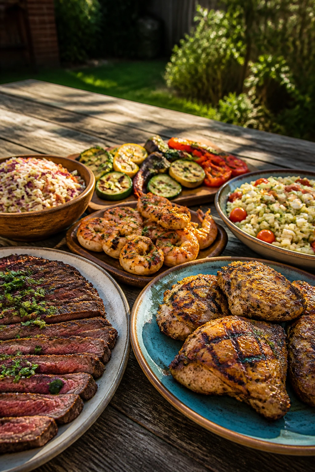 Outdoor picnic table with marinated foods and sides in backyard