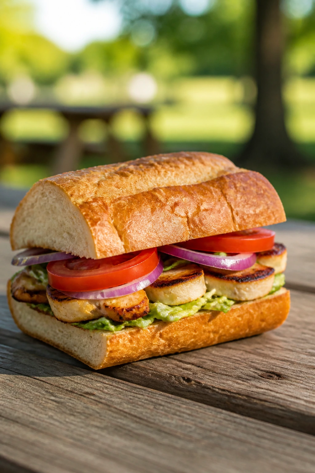 Sturdy picnic-table sandwich resting on wooden table outdoors