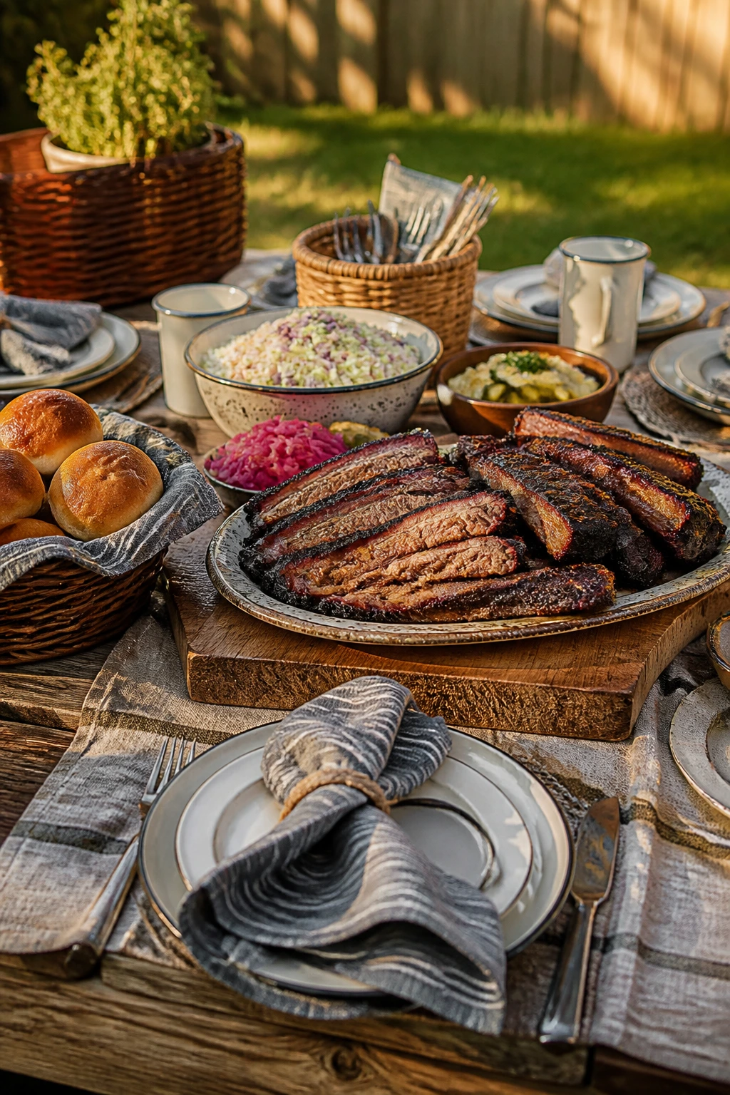 Rustic picnic table setup outdoors with cloth and platter
