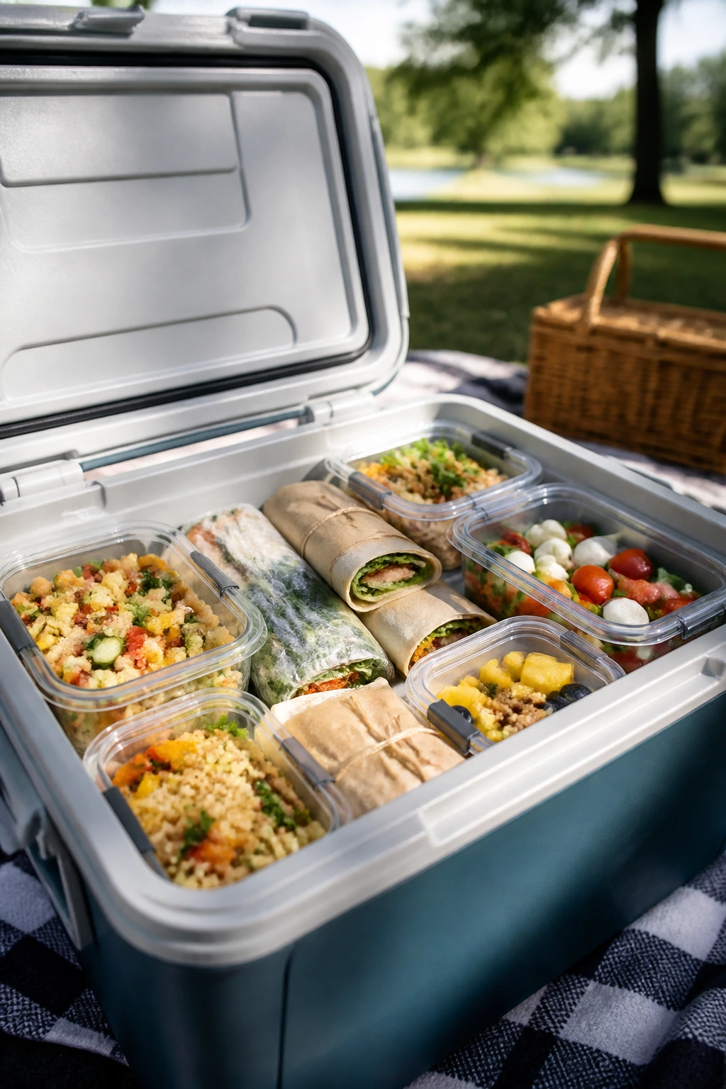 Cooler opened to reveal travel-ready picnic dishes in containers