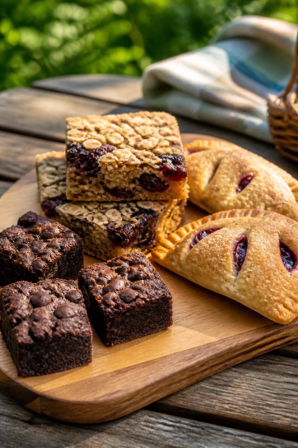 Travel-friendly picnic snacks arranged on a wooden board