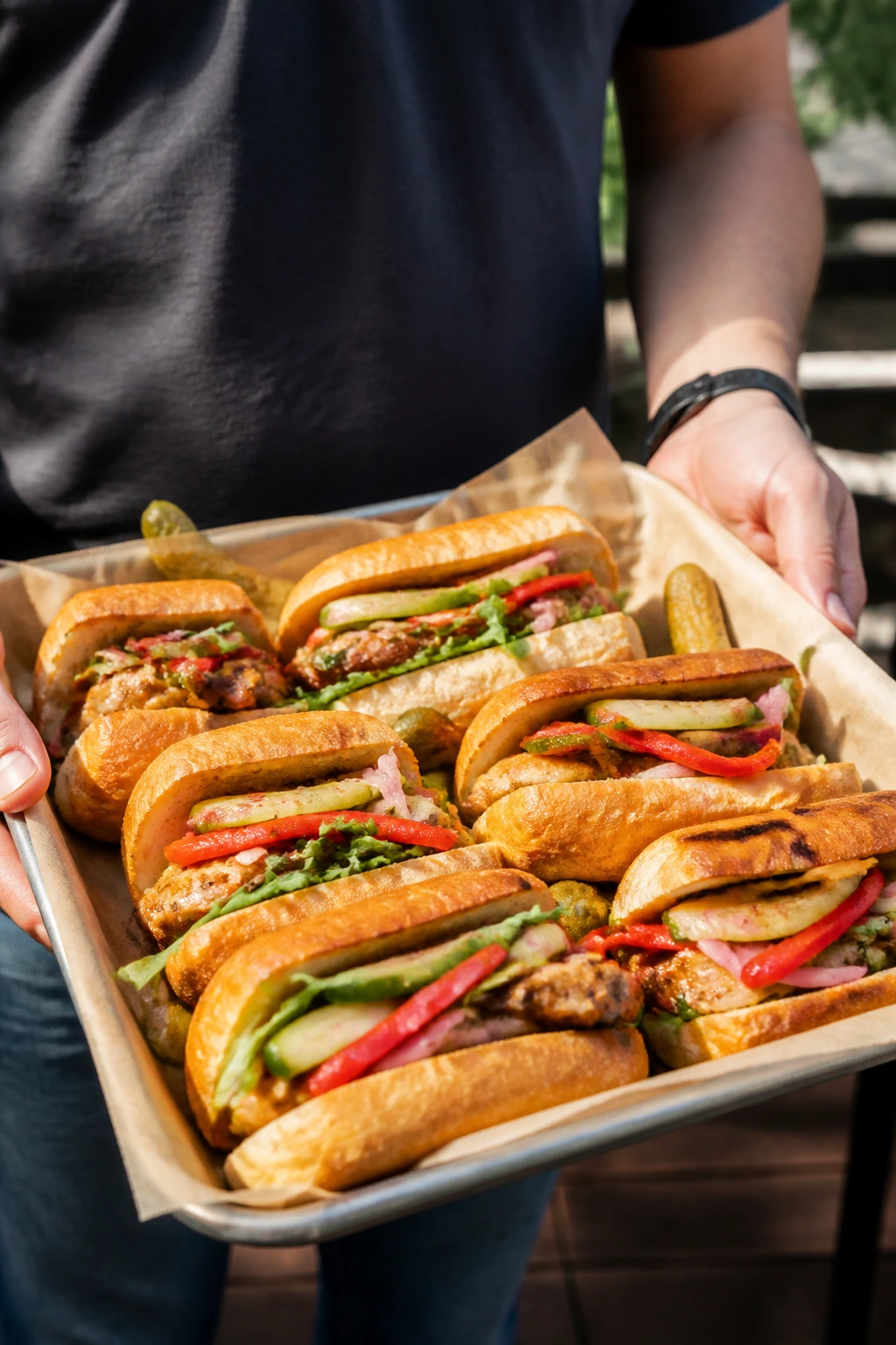 Tray of sandwiches being presented outdoors with pickles in between