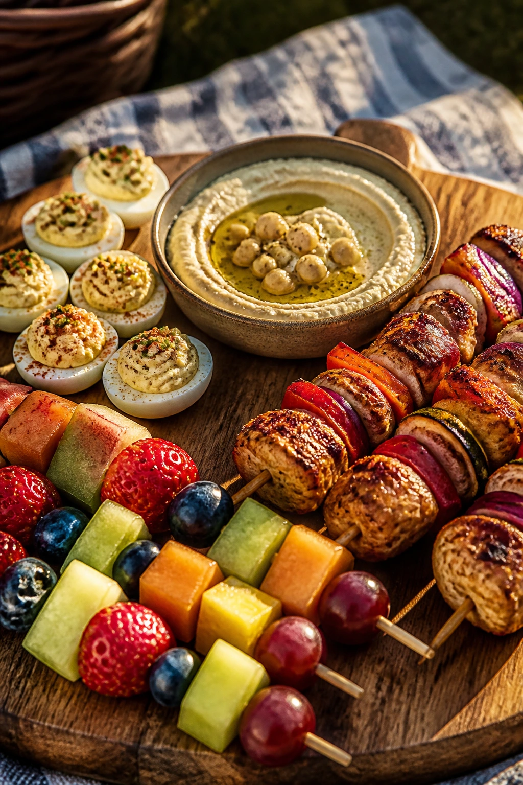 Varied picnic bites including gluten-free, dairy-light, protein-heavy, and plant-based options on a board