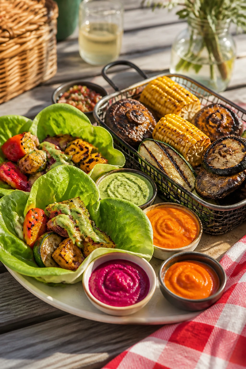 Close-up of a vibrant picnic plate with gluten-free, dairy-free, and vegetarian grilled items on a wooden table outdoors