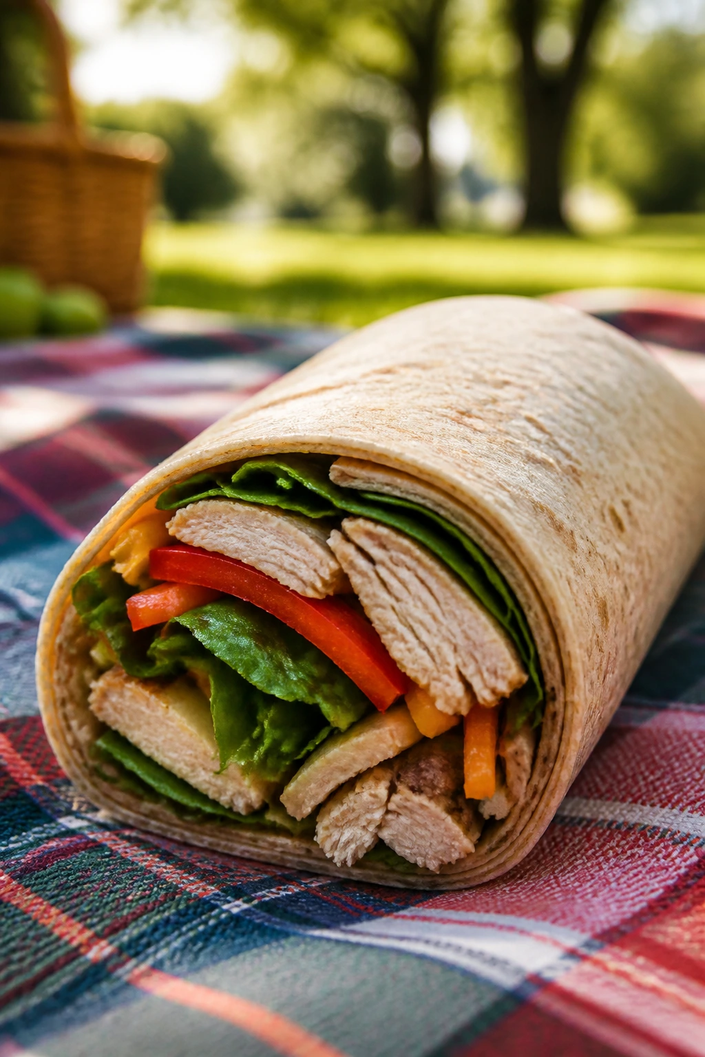 Close-up of a sturdy wrap sandwich on a picnic blanket in a sunny park