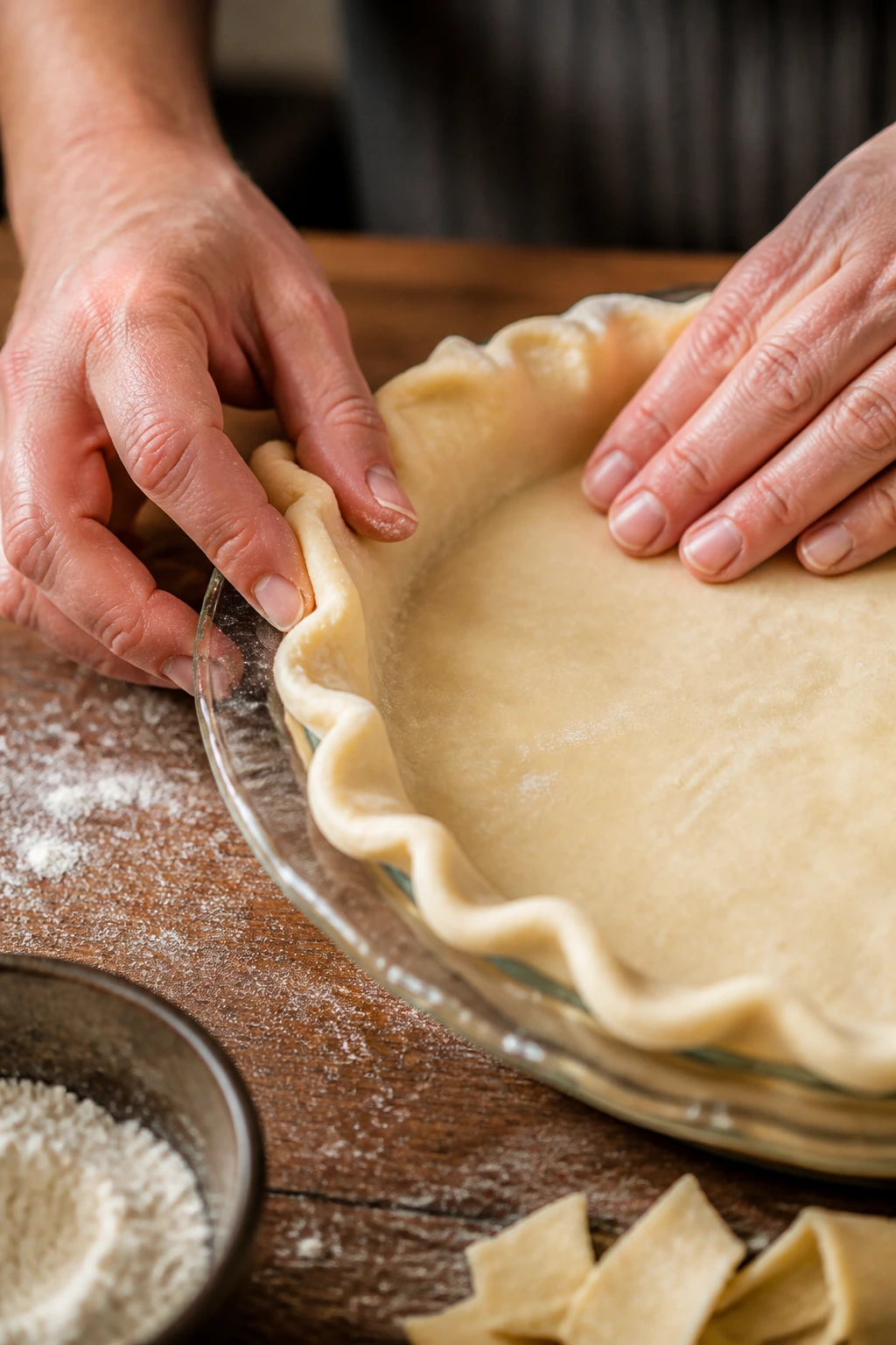 Close-up of a rustic pie crust being pressed into a glass pie dish on a wooden counter.