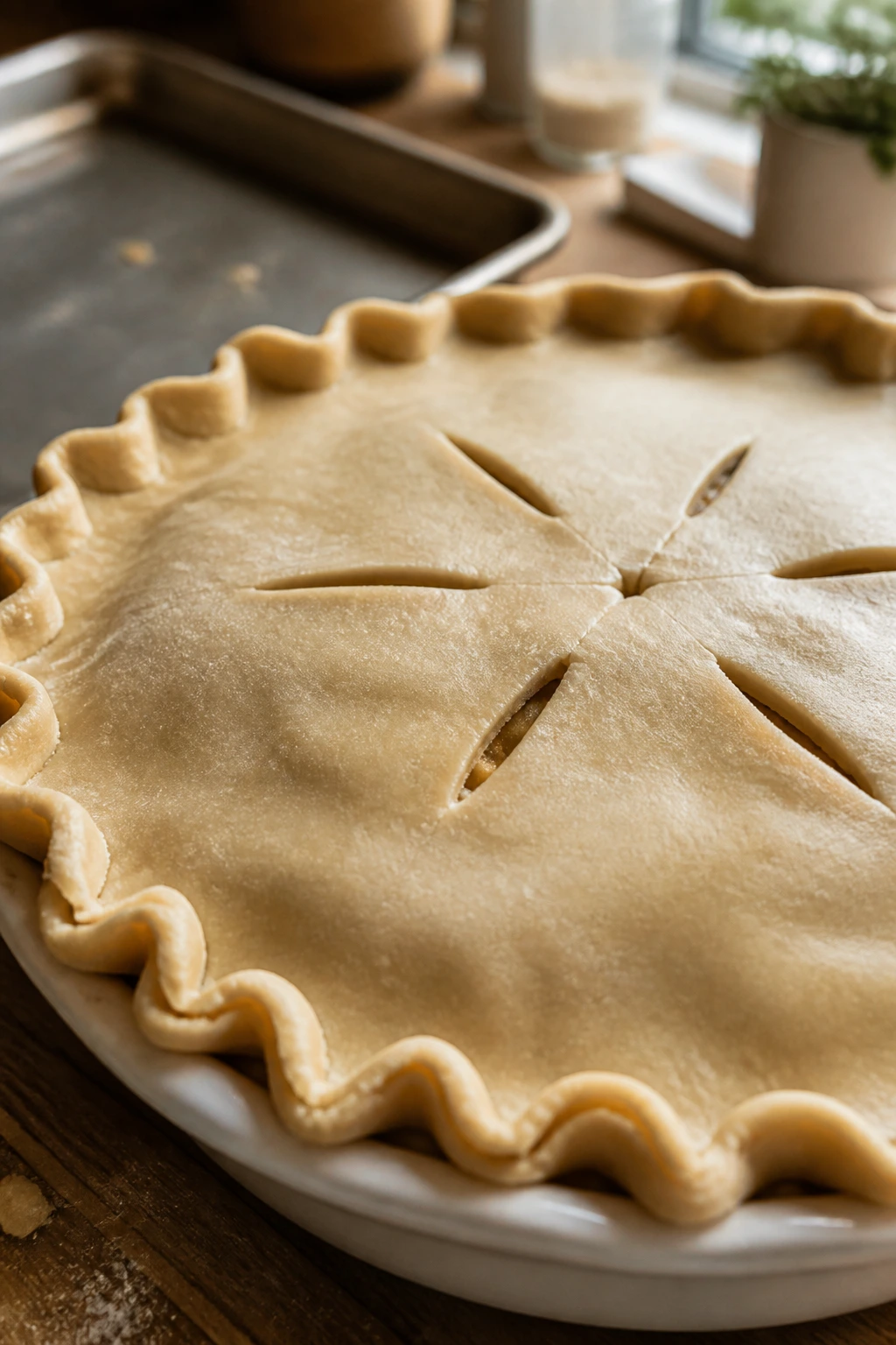 Close-up of a crimped deep-dish pie crust in a pie plate