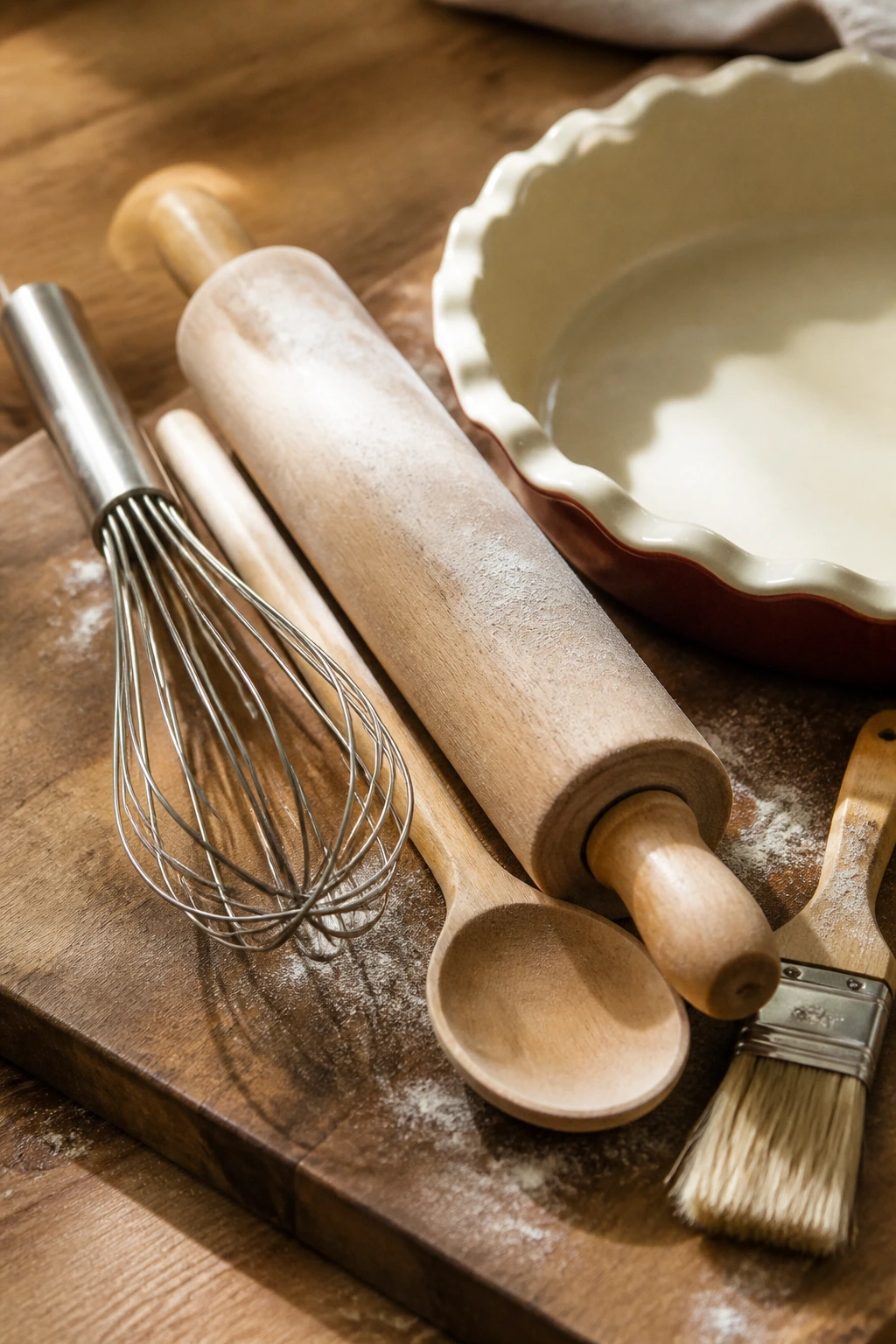 Close-up of essential pie-making tools arranged on counter