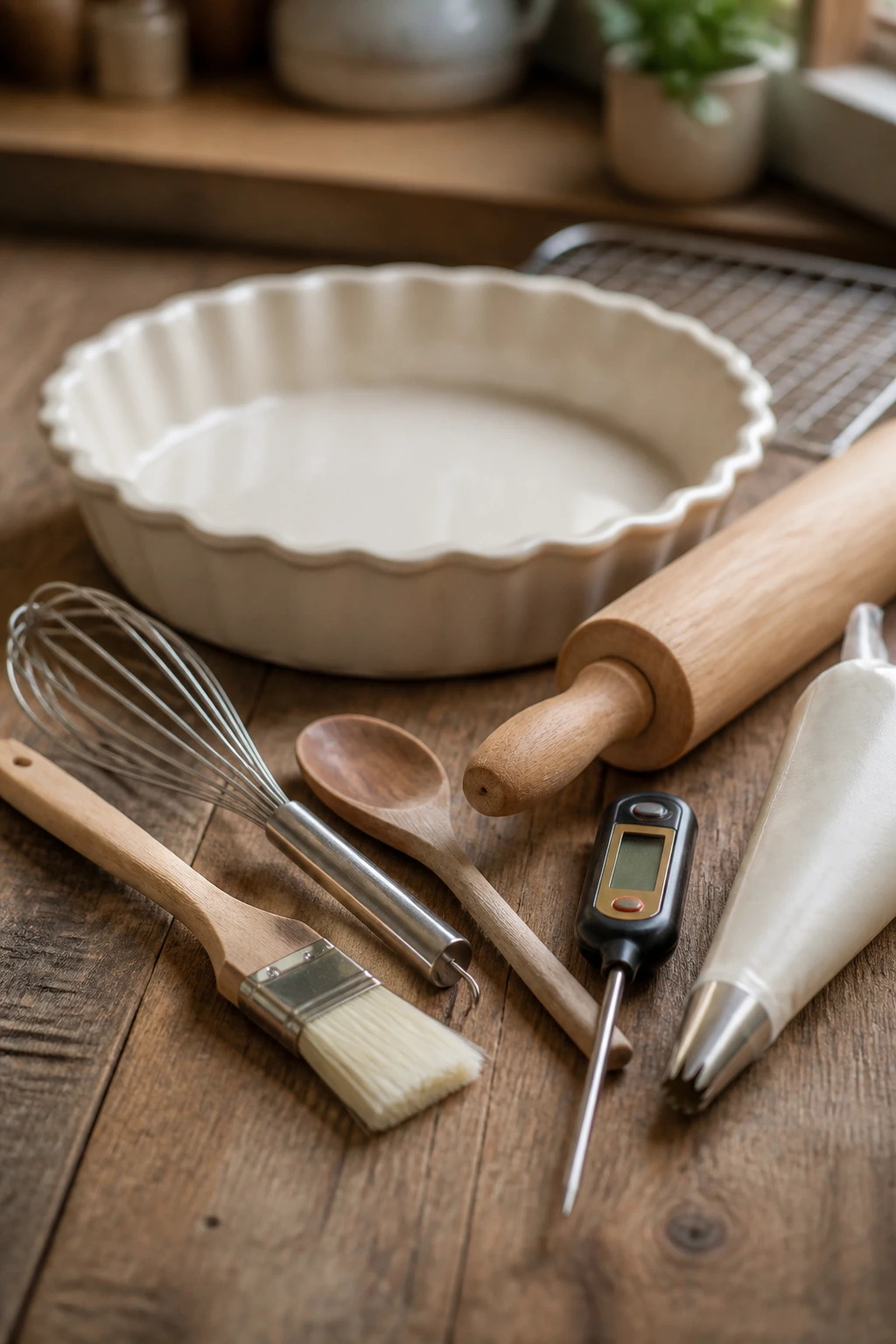 Pie-making tools neatly arranged on a wooden surface