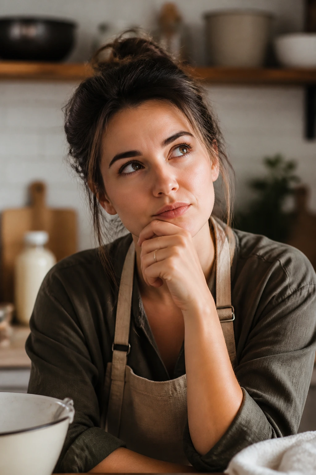 Portrait of a home cook in a kitchen, looking thoughtful about baking.