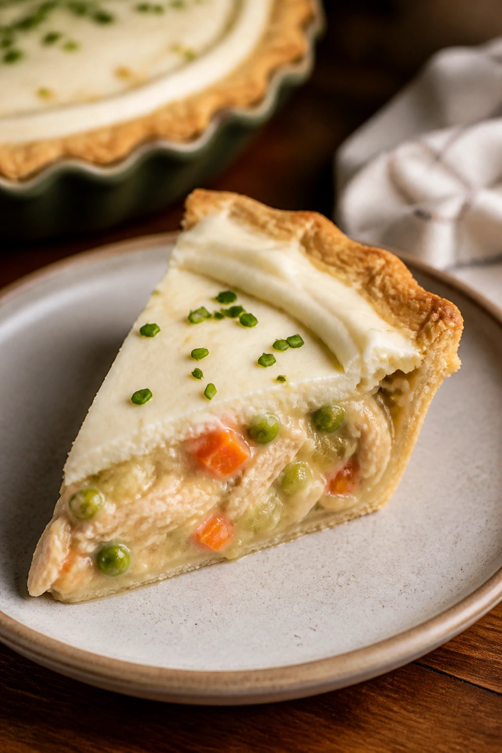 Plated pie slice with neat frosting border and chives
