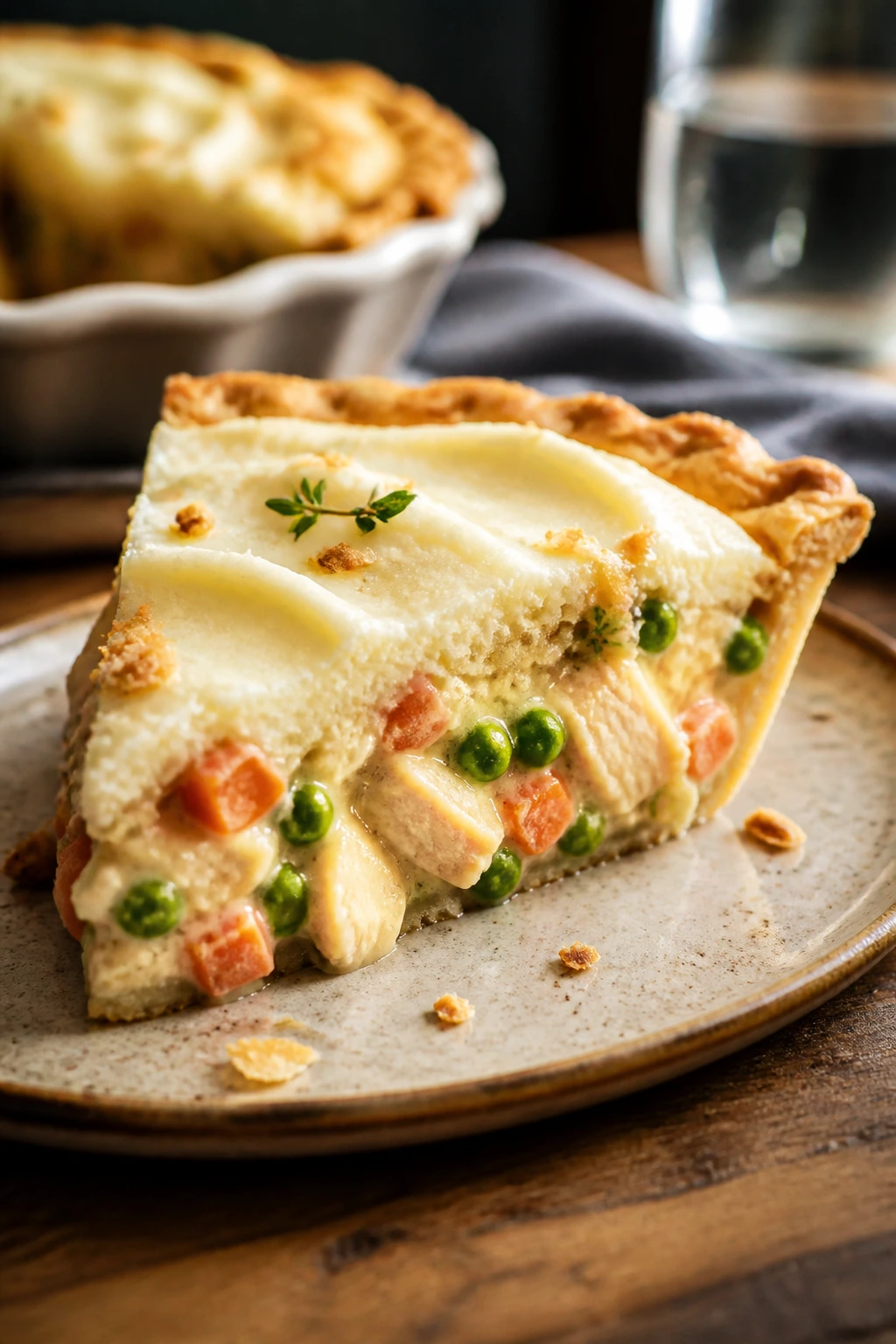 Savory pie slice on rustic plate in cozy kitchen