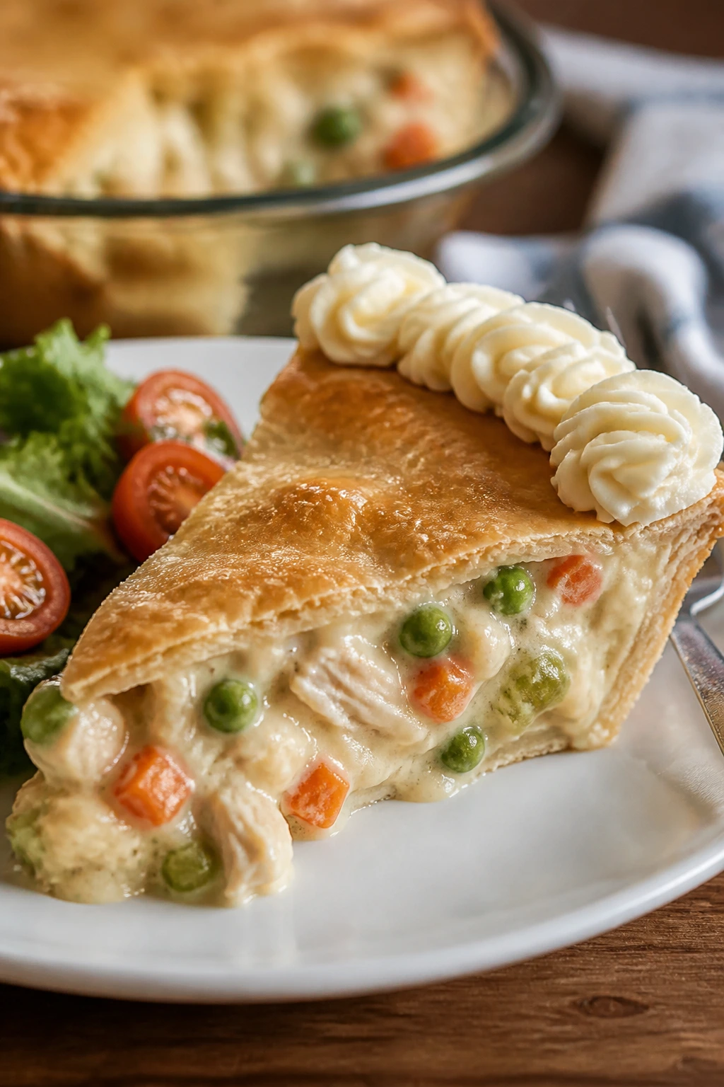 Warm chicken pot pie slice on a white plate with frosting along the crust edge.