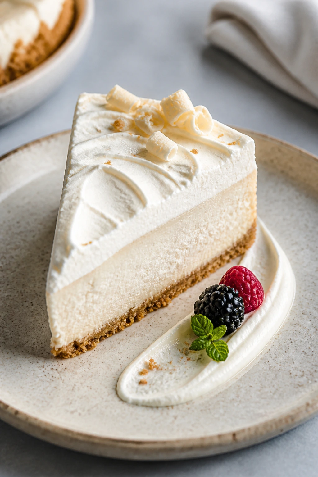 Neatly sliced wedge of icebox pie on a chilled plate