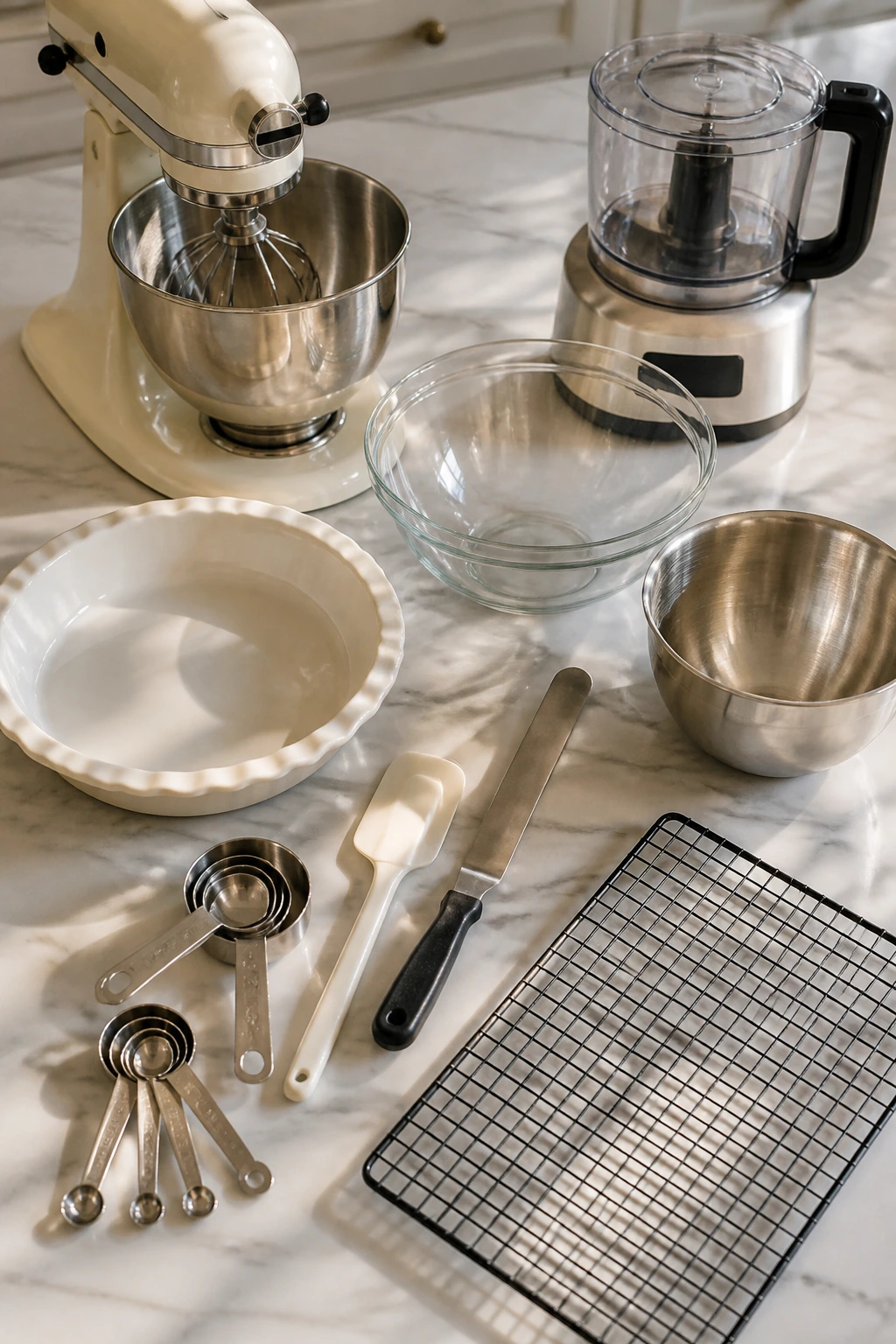 Arrangement of pie-baking tools on kitchen counter