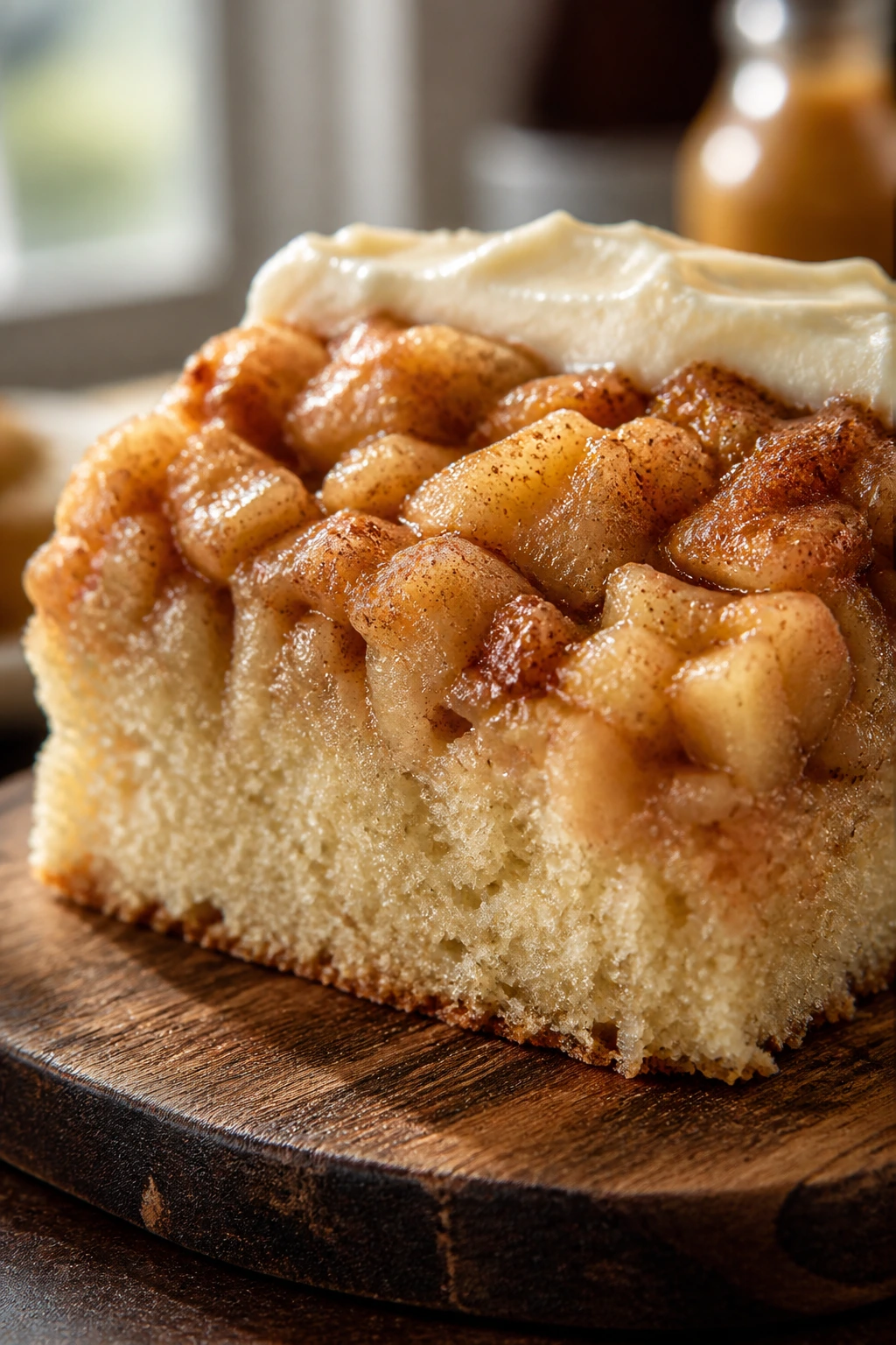 Close-up of a moist square cake with apple-topped surface in warm kitchen light