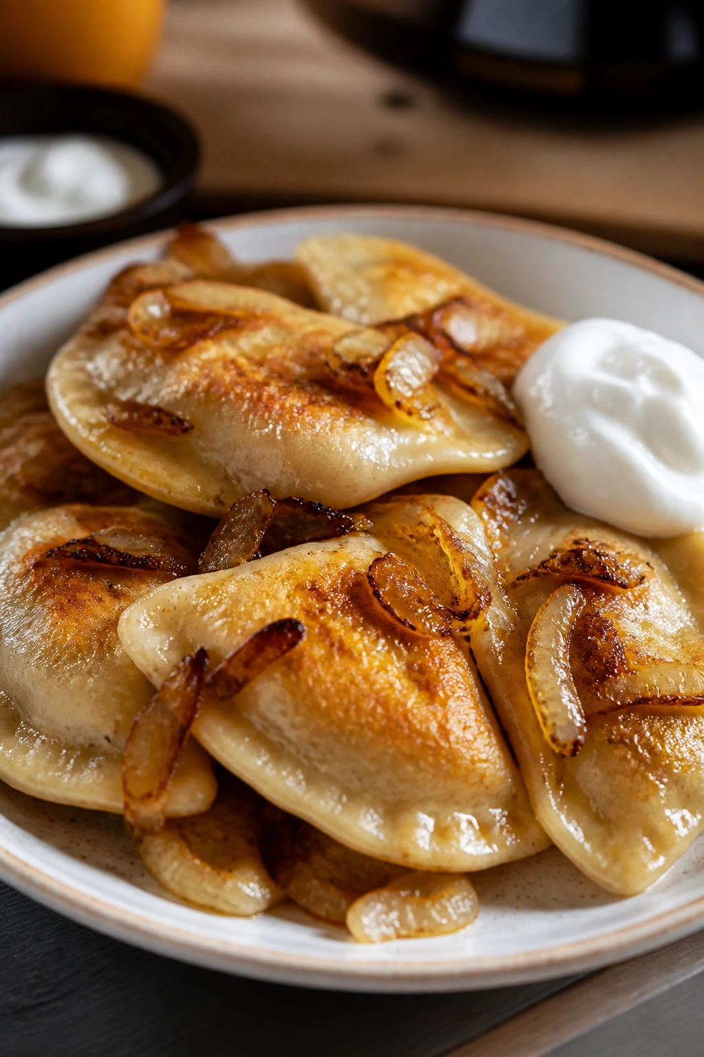 Pan-fried pierogi with onions and sour cream on a plate