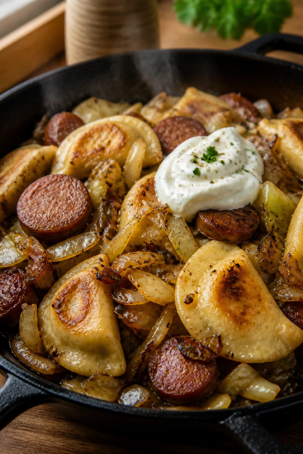Close-up of caramelized cabbage, pierogi, and sausage in a skillet with sour cream