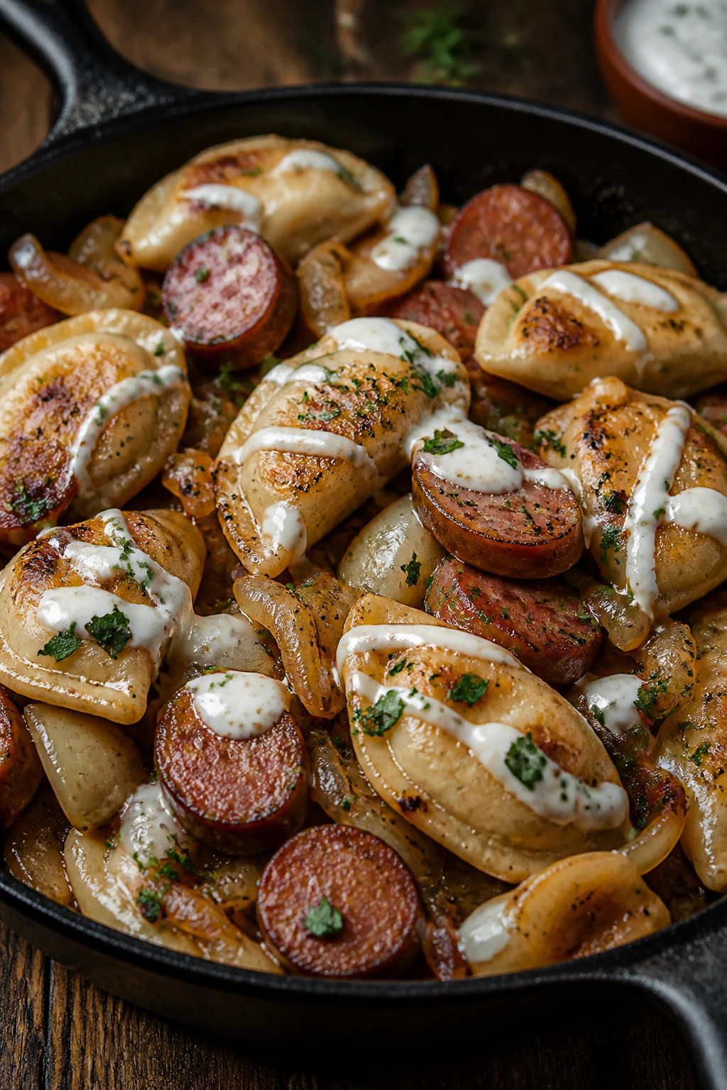 Skillet with browned pierogies and smoked sausage on a wooden table