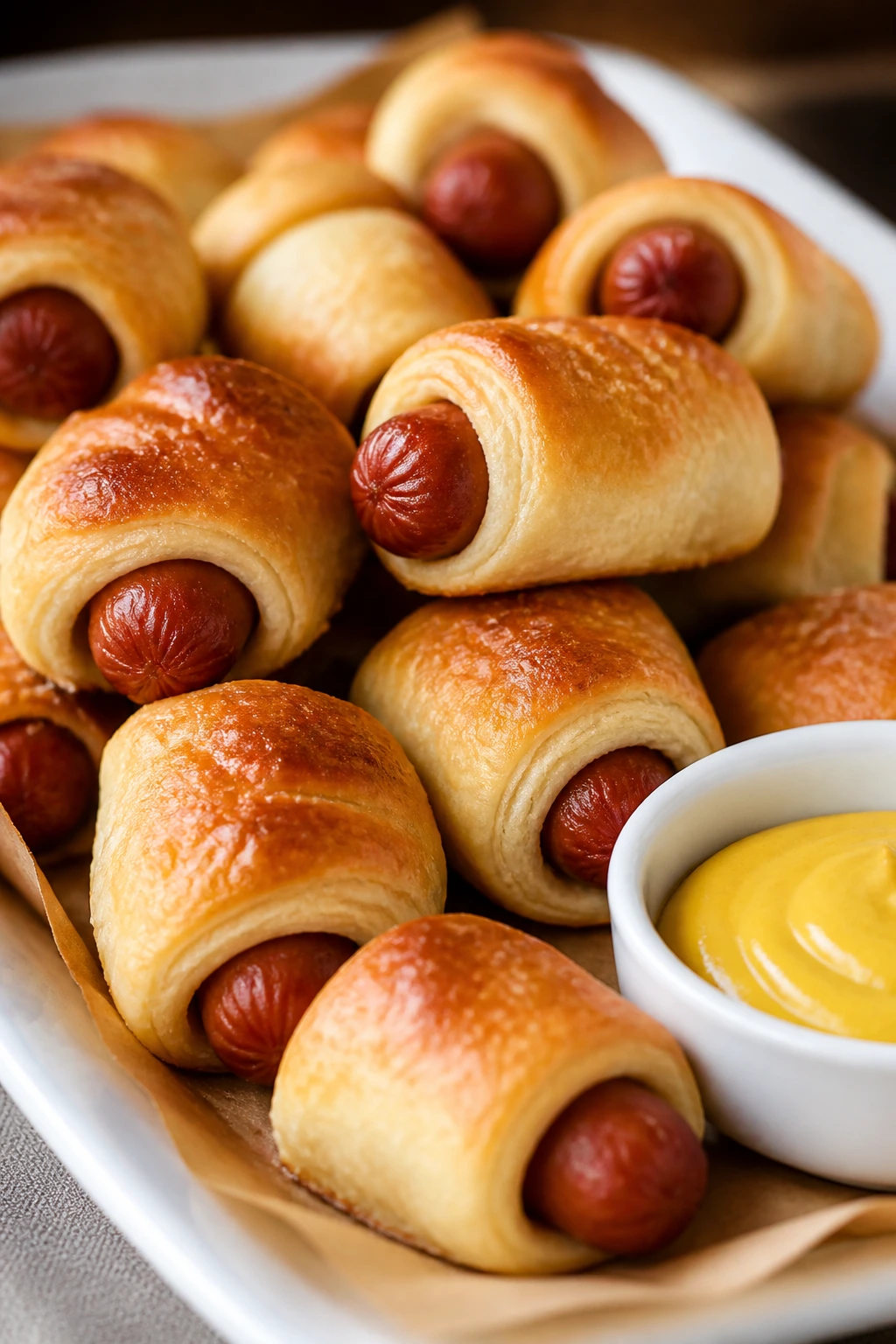Tray of pigs in a blanket with mustard dip