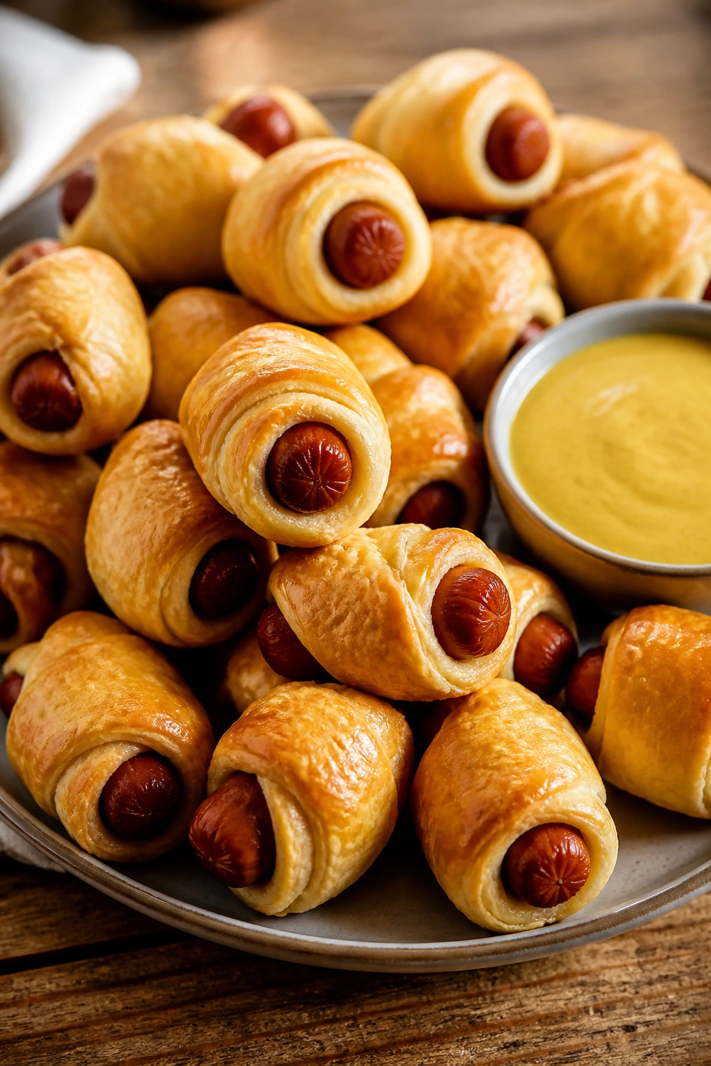 Close-up of pigs in a blanket bites with honey mustard dip on a platter in a cozy kitchen.