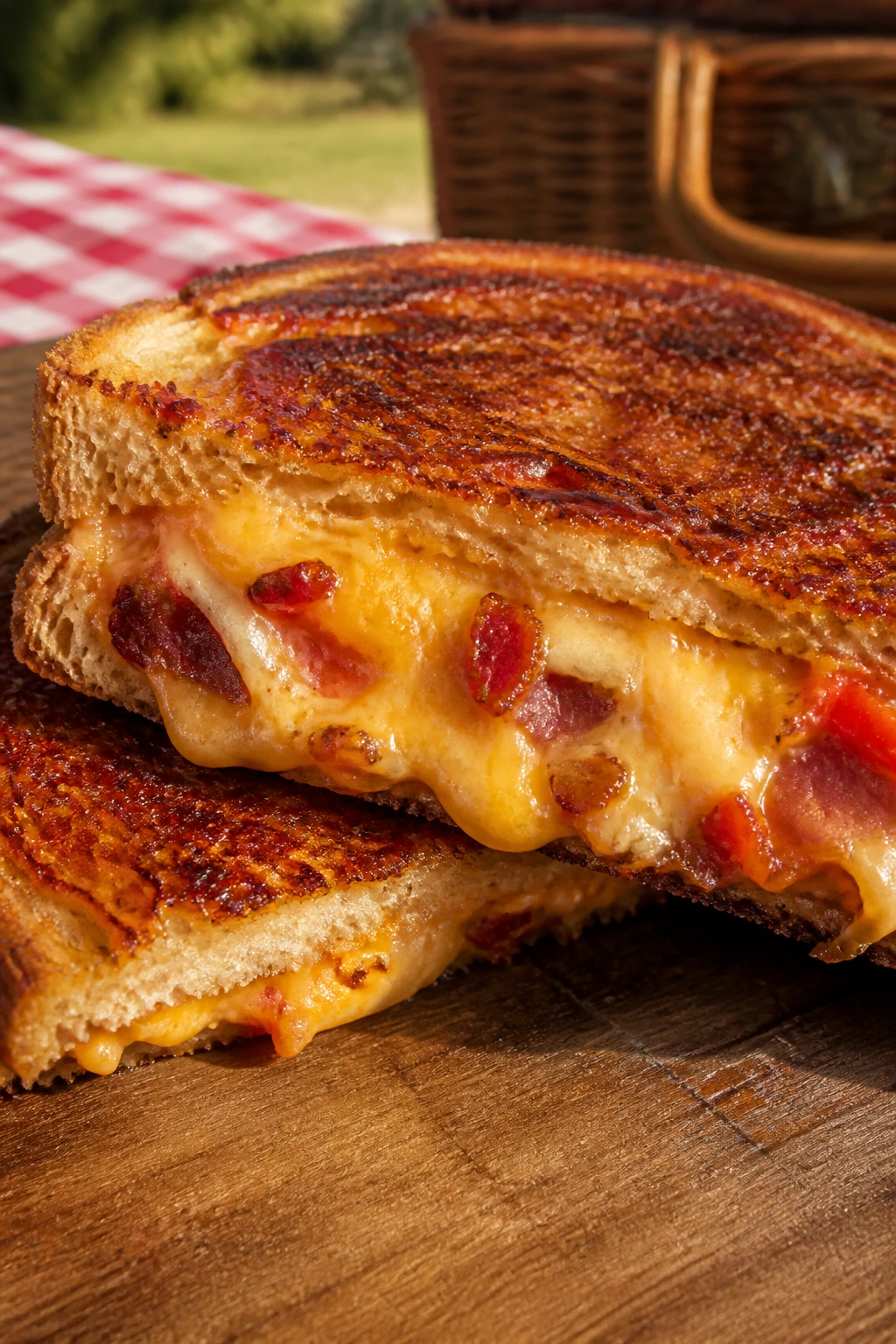 Pimento cheese and bacon grilled sandwich outdoors