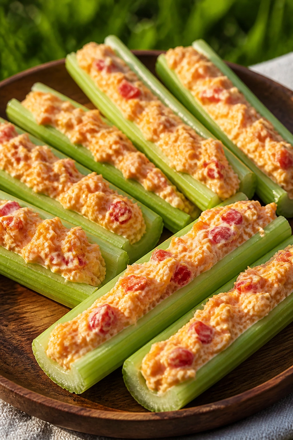Close-up of celery sticks stuffed with pimento cheese on a rustic plate for a picnic