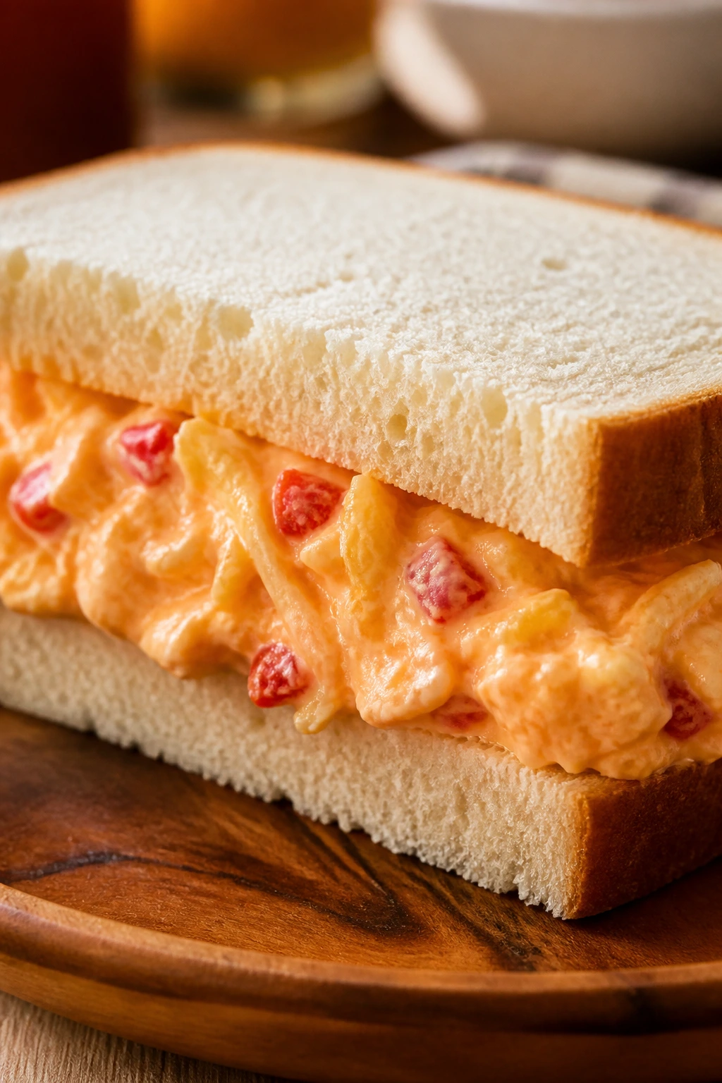 Close-up pimento cheese sandwich with creamy filling