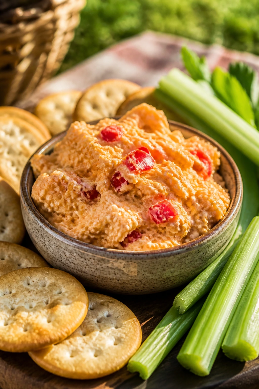 Creamy pimento cheese with crackers and celery arranged on a wooden board outdoors.