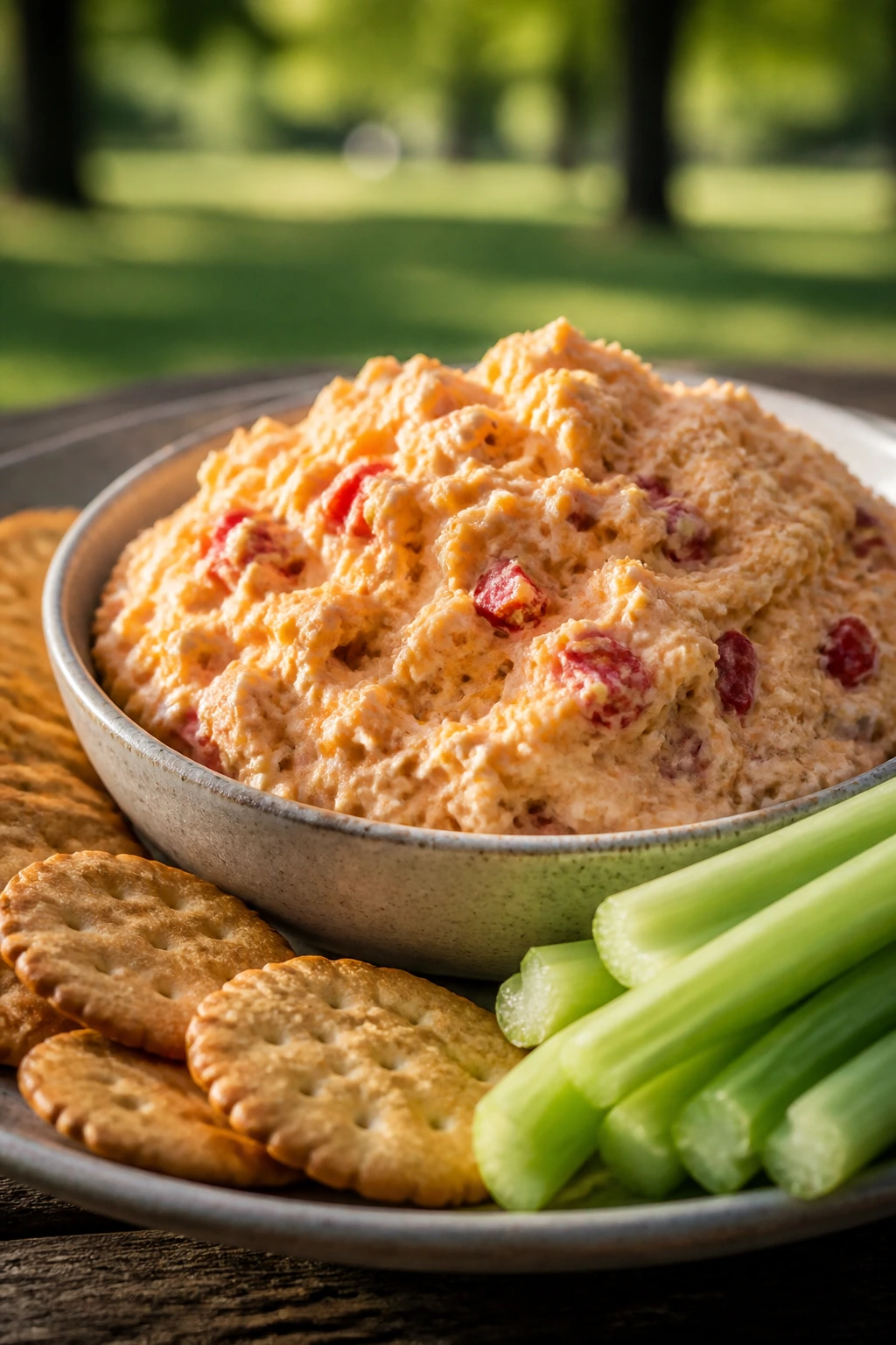 Pimento cheese with crackers and celery on a rustic outdoor table