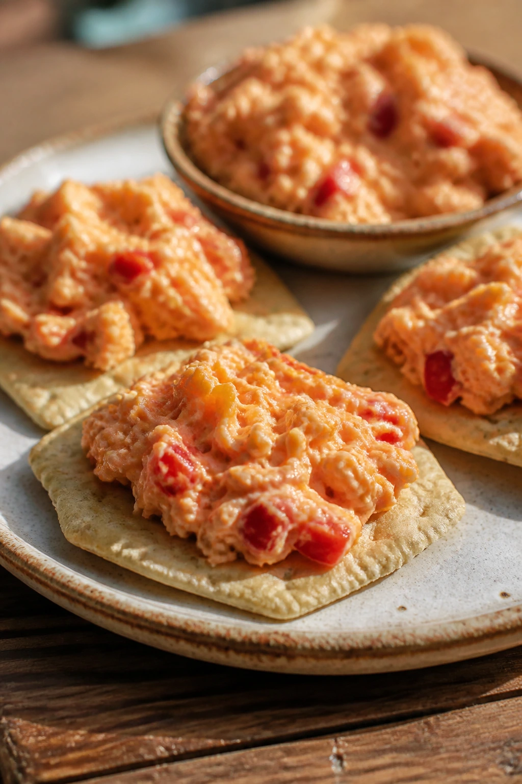 Close-up of Pimento Cheese and Crackers on a rustic plate at a picnic