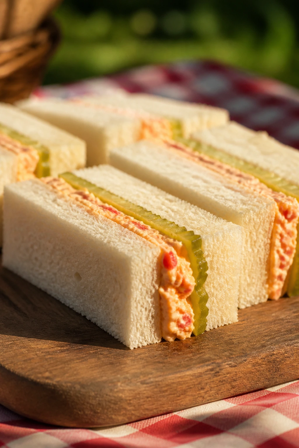Creamy pimento cheese finger sandwiches with pickles on soft bread