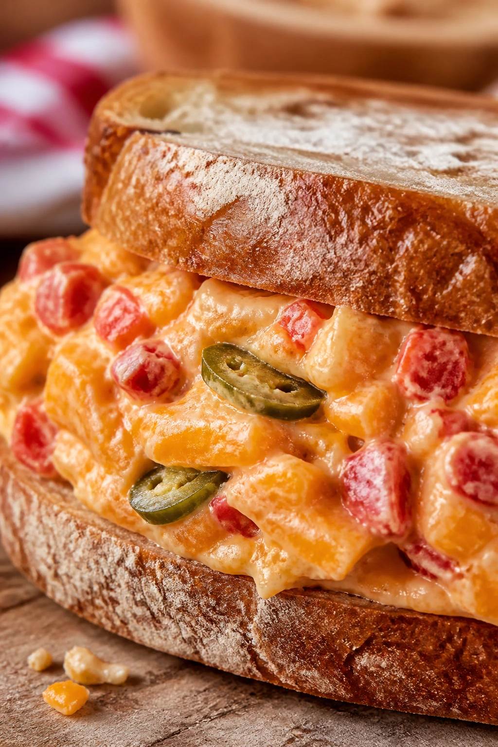 Creamy pimento cheese sandwich with jalapeños on thick bread