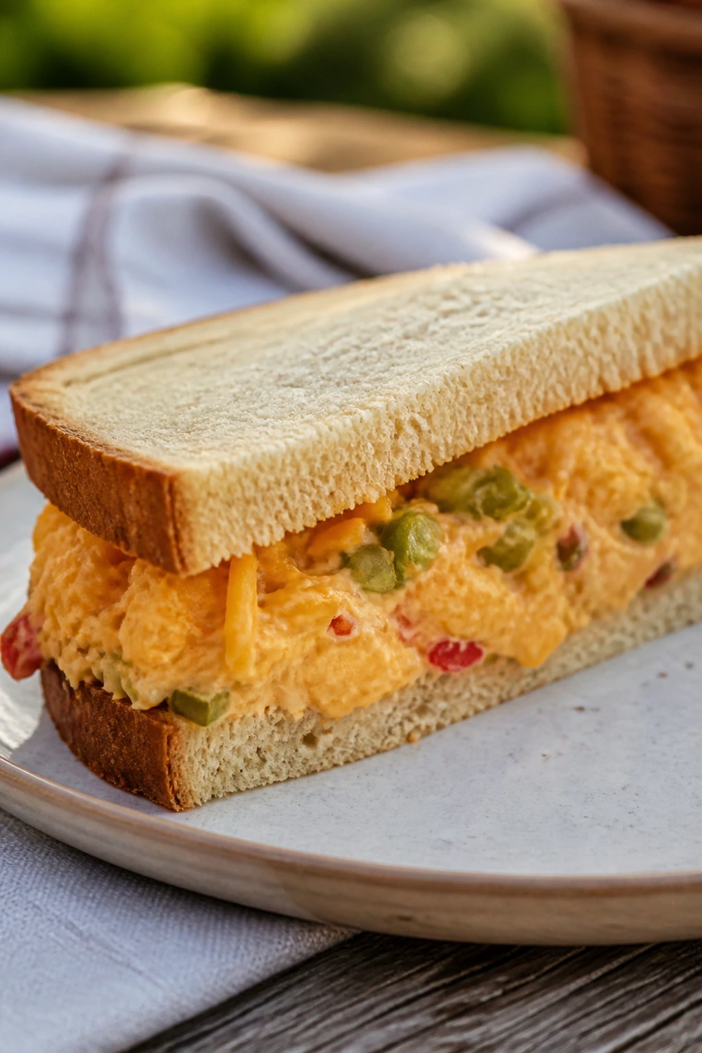 Pimento cheese sandwich half with pickles visible in filling