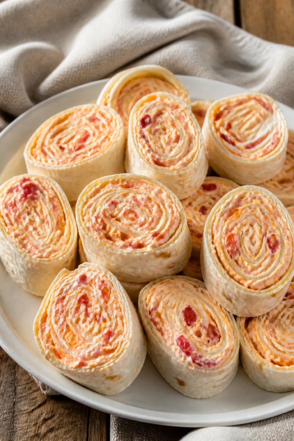 Close-up of pimento cheese pinwheels sliced on a plate