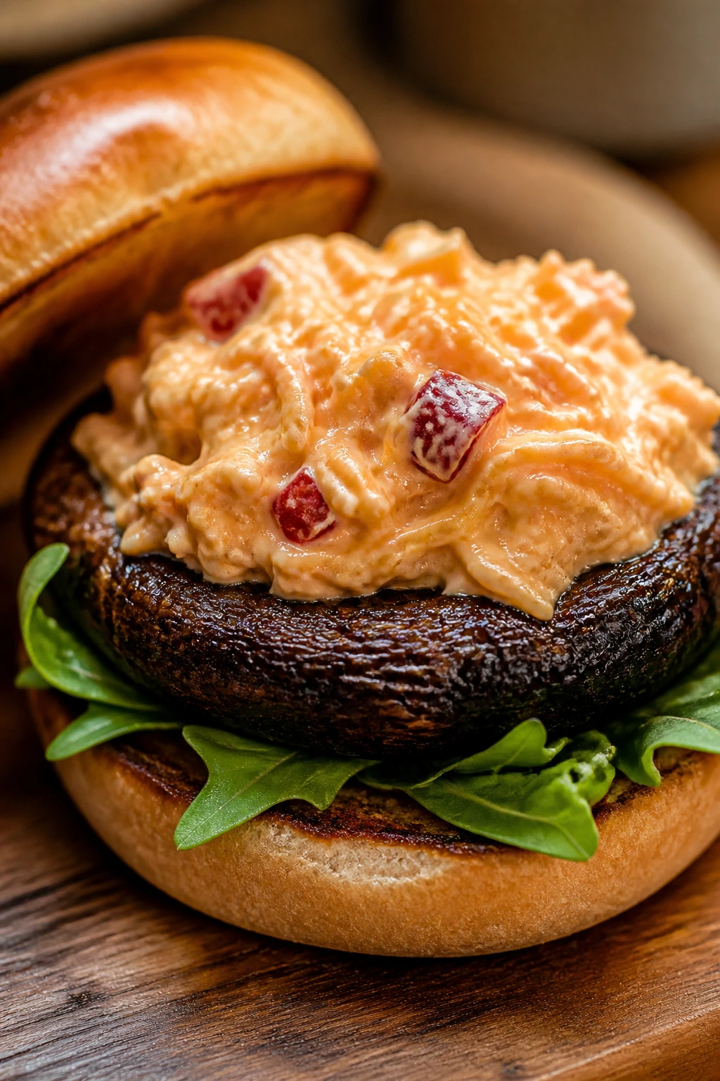 Close-up of Pimento Cheese Portobello Burger on rustic board
