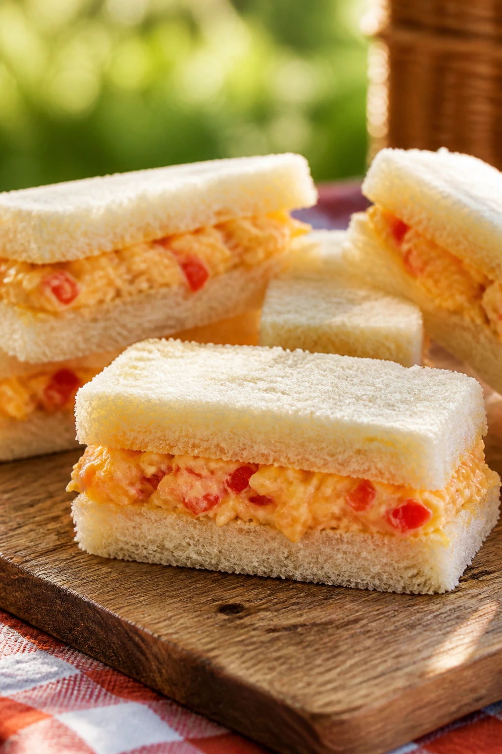 Close-up of pimento cheese tea sandwiches on a rustic board for a picnic