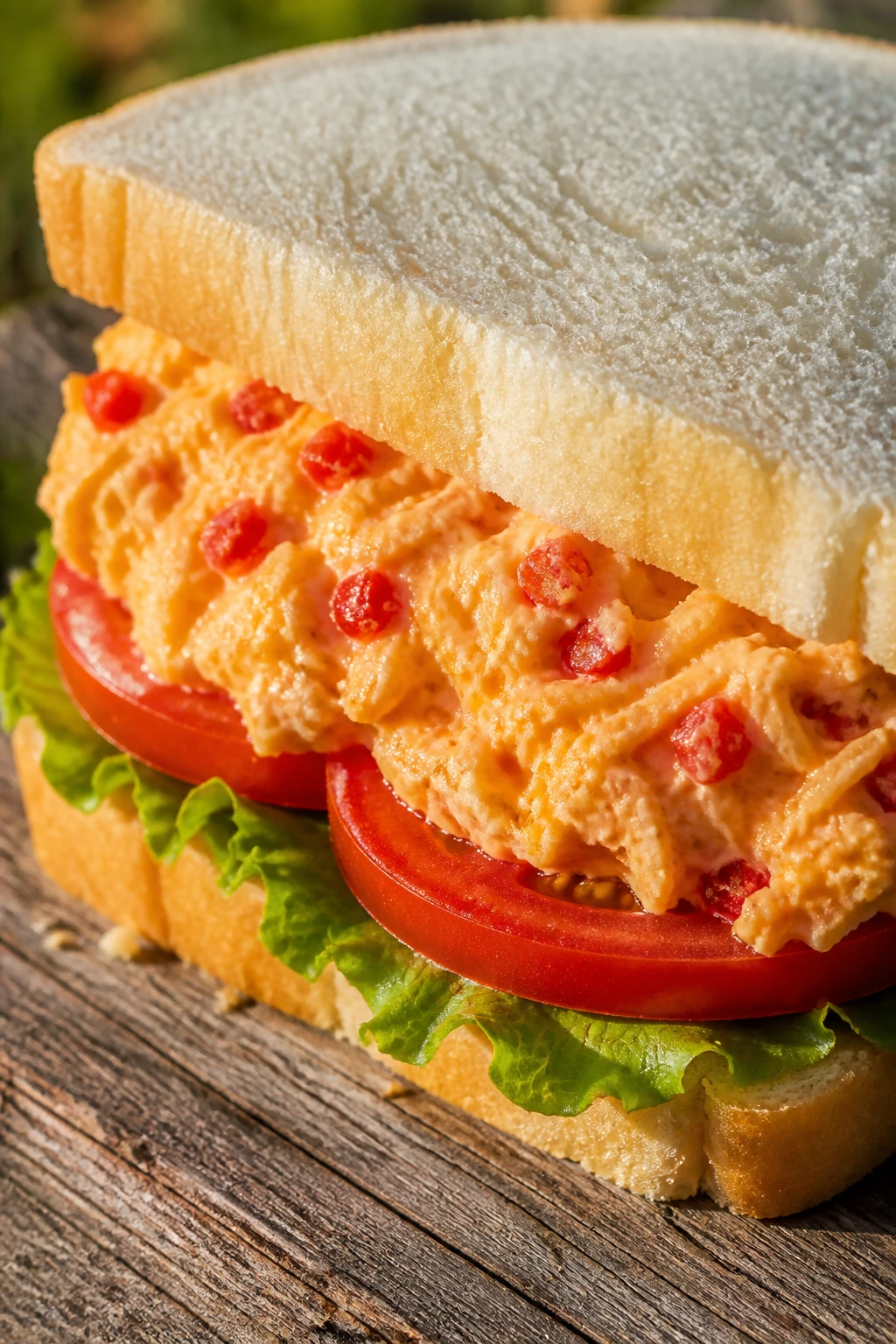 Close-up of a pimento cheese sandwich with tomato on a rustic wooden table