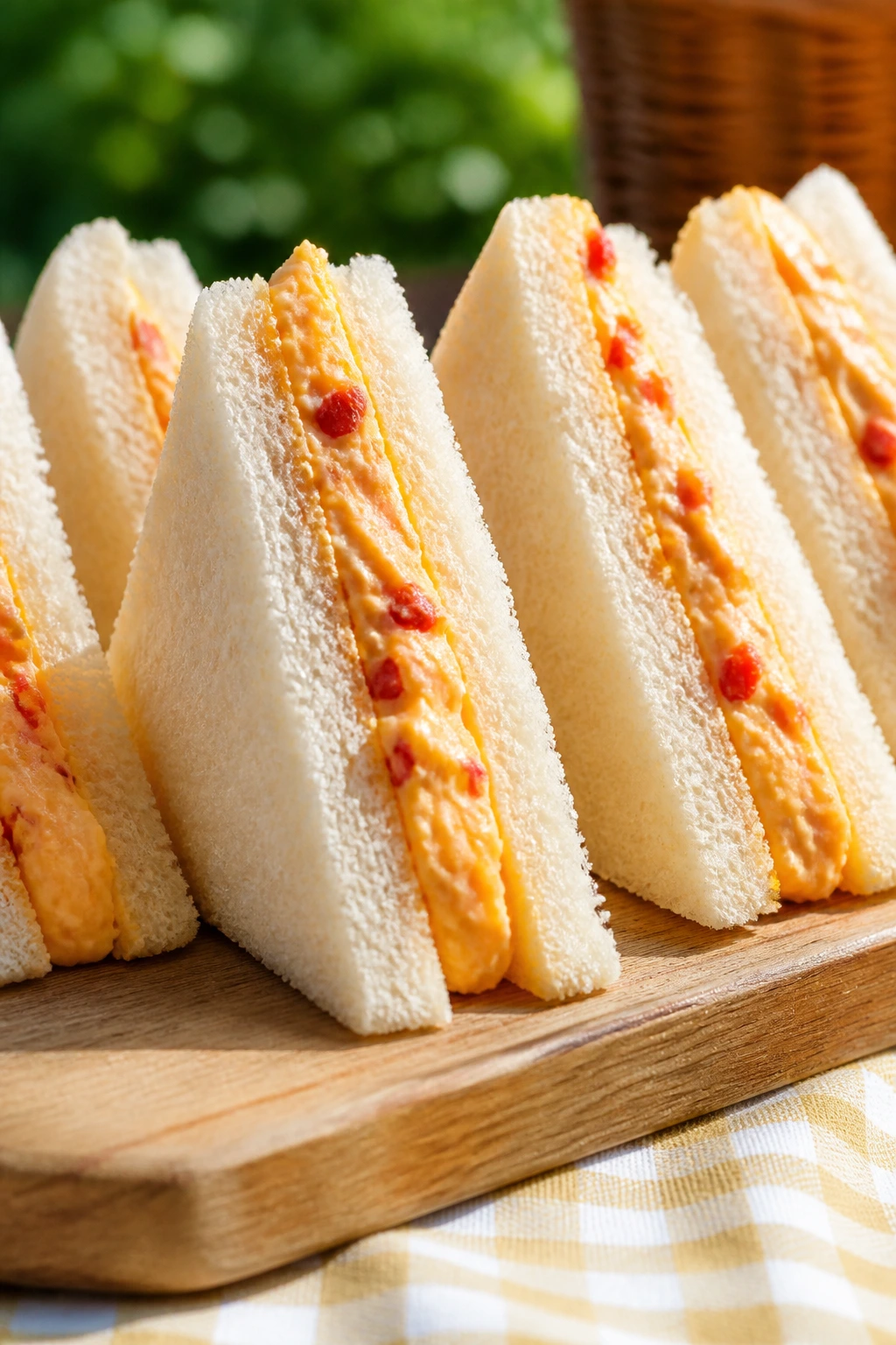 Close-up of pimento cheese tea sandwiches on a wooden board at a picnic